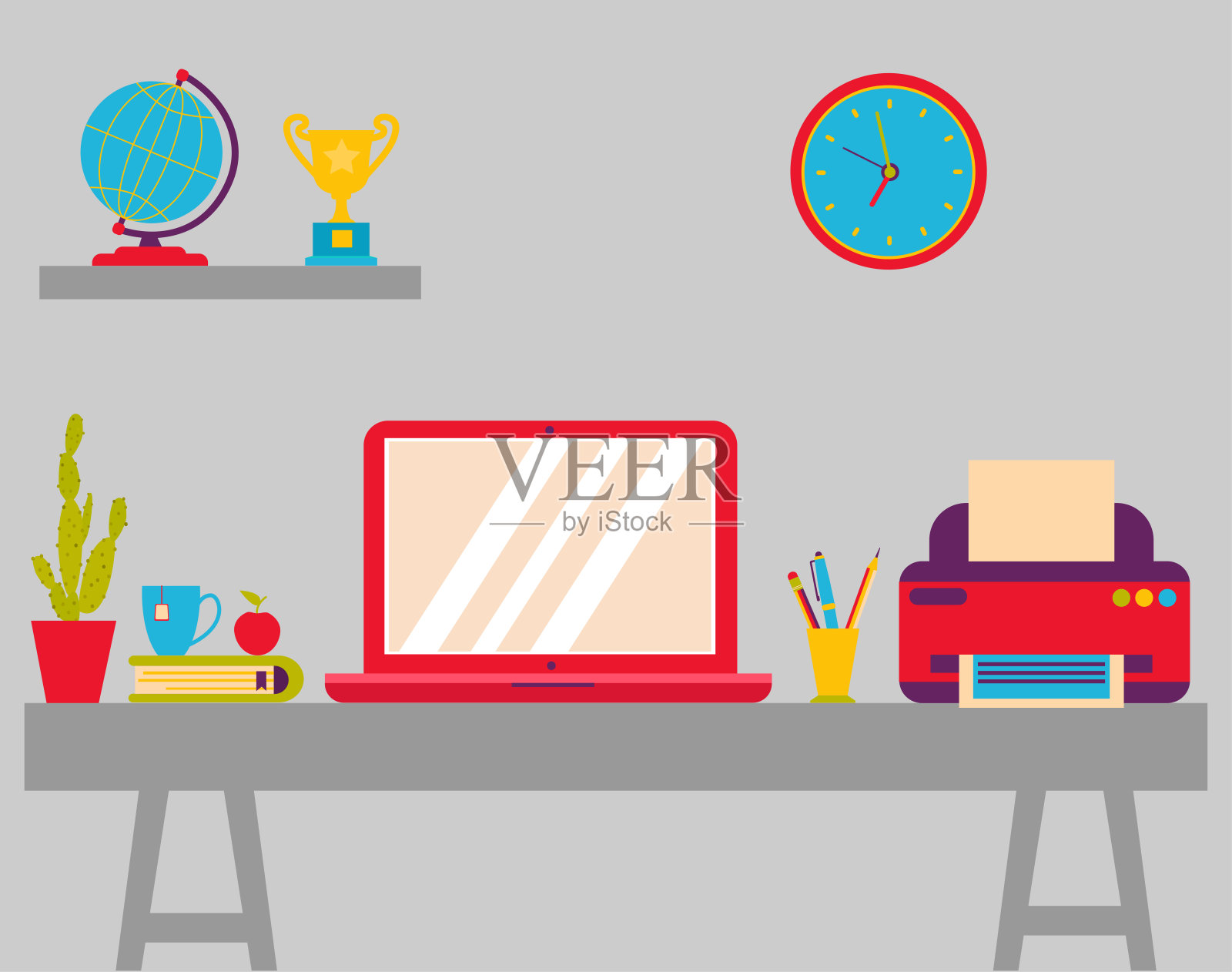 计算机与对象。带笔记本电脑,打印机,文件的办公桌。插画图片素材