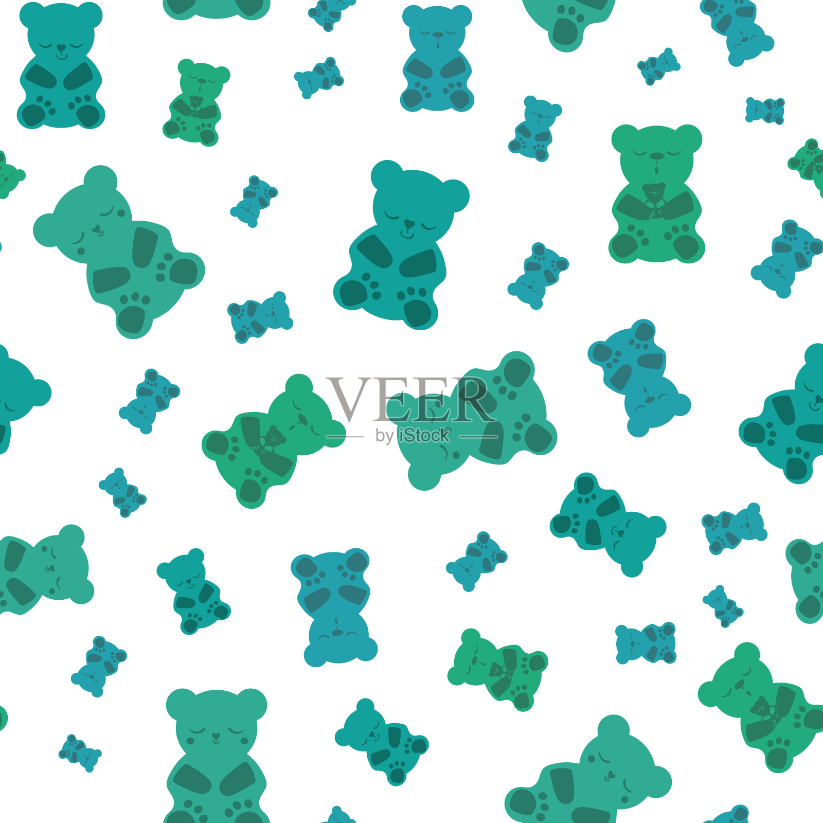 睡眠软糖向量无缝模式背景。背景是蓝绿白相间的小熊软糖。可爱的卡哇伊风格的人物,睡眠好,褪黑素的自然援助和健康概念。为健康插画图片素材