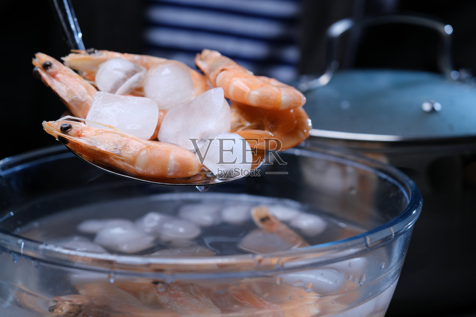 一个人正在冰浴中冷却煮熟的虾照片摄影图片