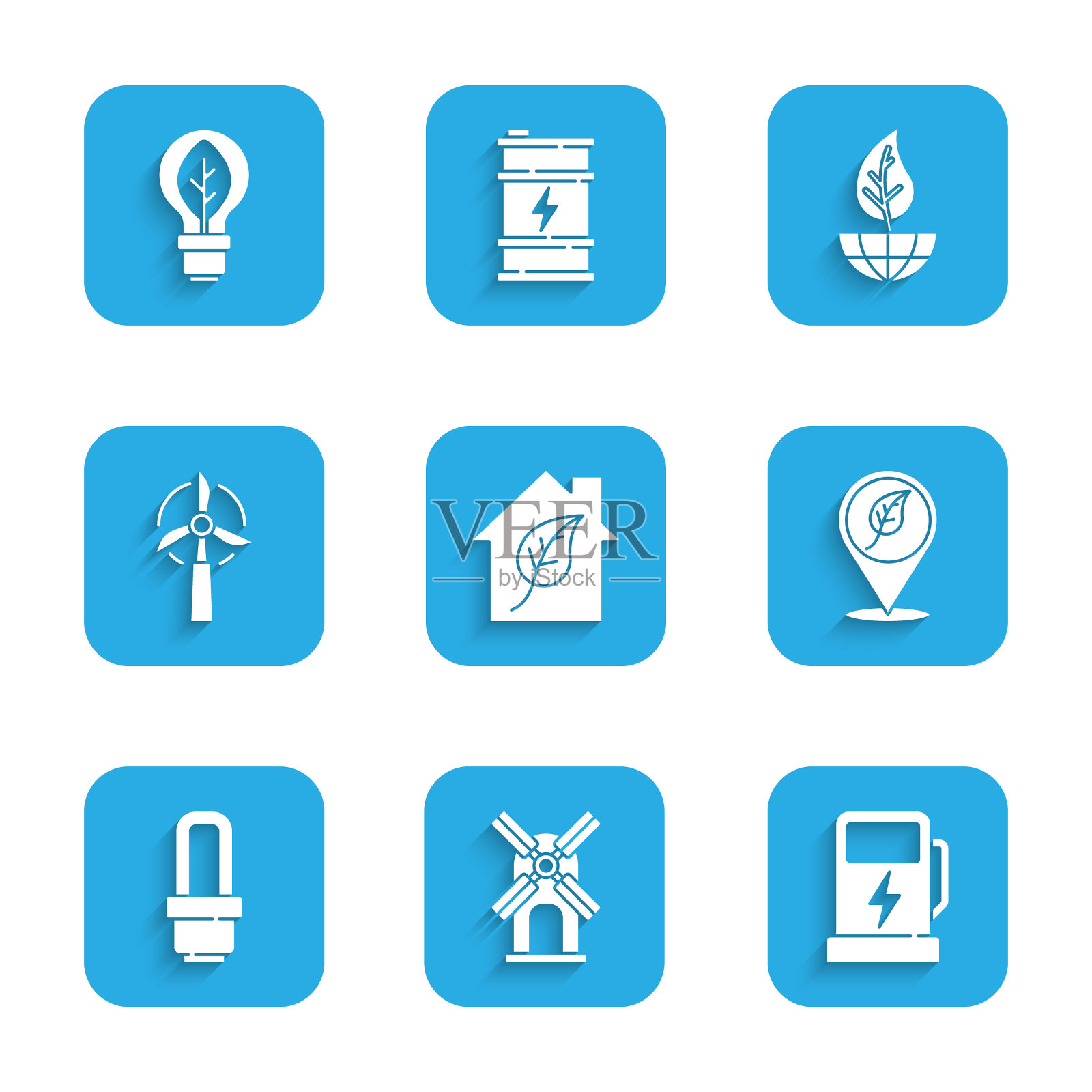 设置生态友好住宅,风力发电机,电动汽车充电站,定位叶片,LED灯泡,地球仪和灯光图标。向量图标素材