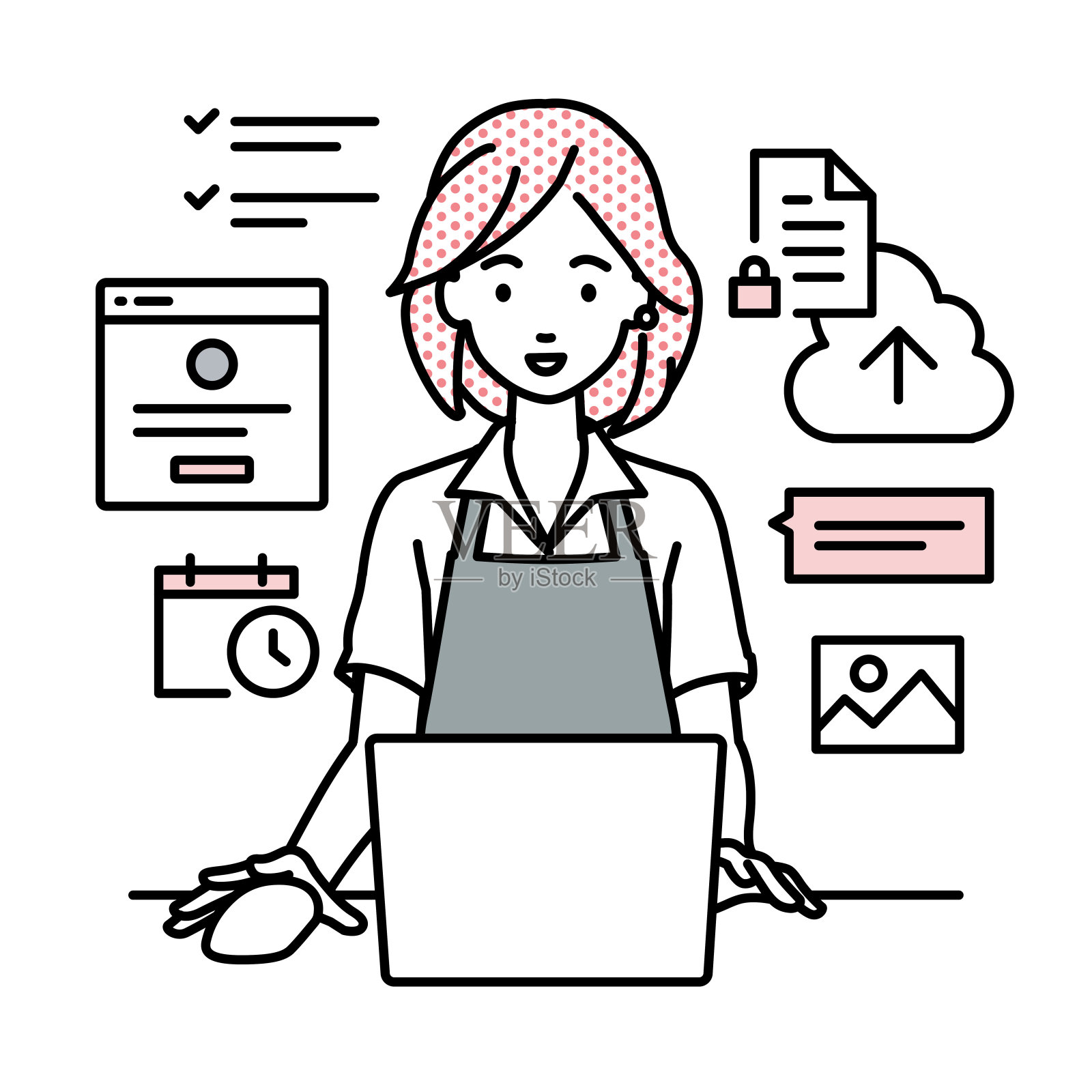 一位妇女坐在咖啡馆的围裙上,用笔记本电脑浏览网站、研究、在云中共享文件、安排日程、管理项目、组织任务,并在她的办公桌上与团队成员交流插画图片素材