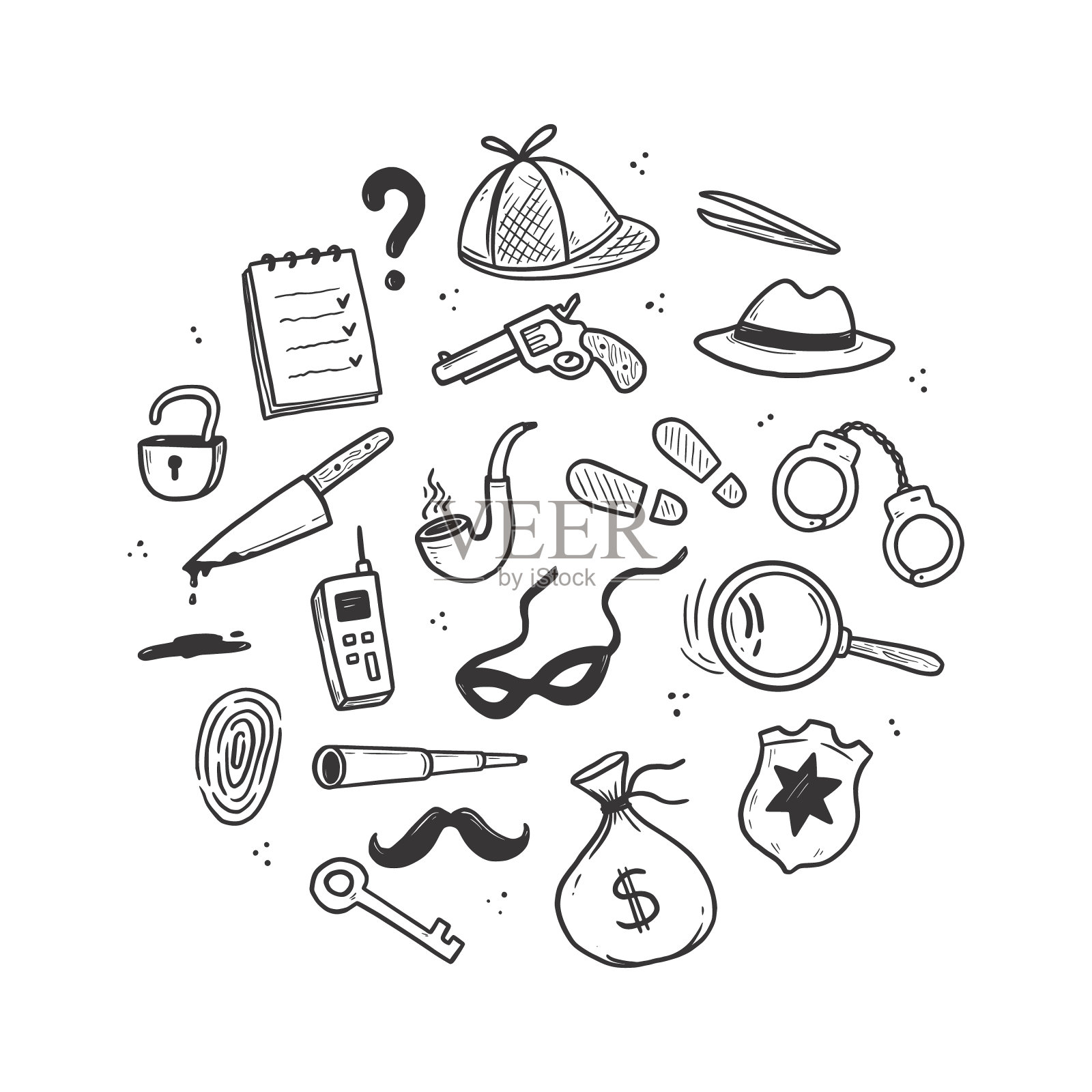 侦探涂鸦集。手绘草图插画图片素材