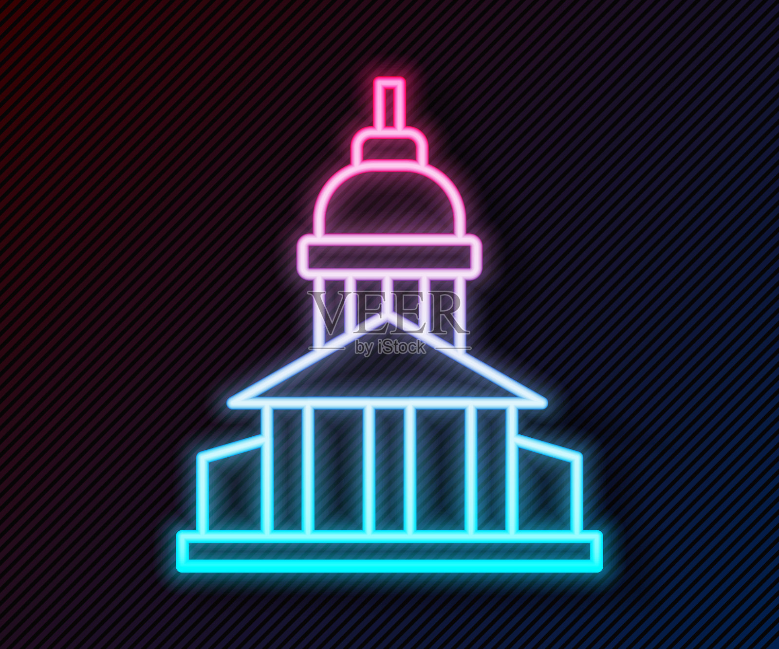 发光的霓虹灯线博物馆建筑图标孤立在黑色的背景。向量插画图片素材