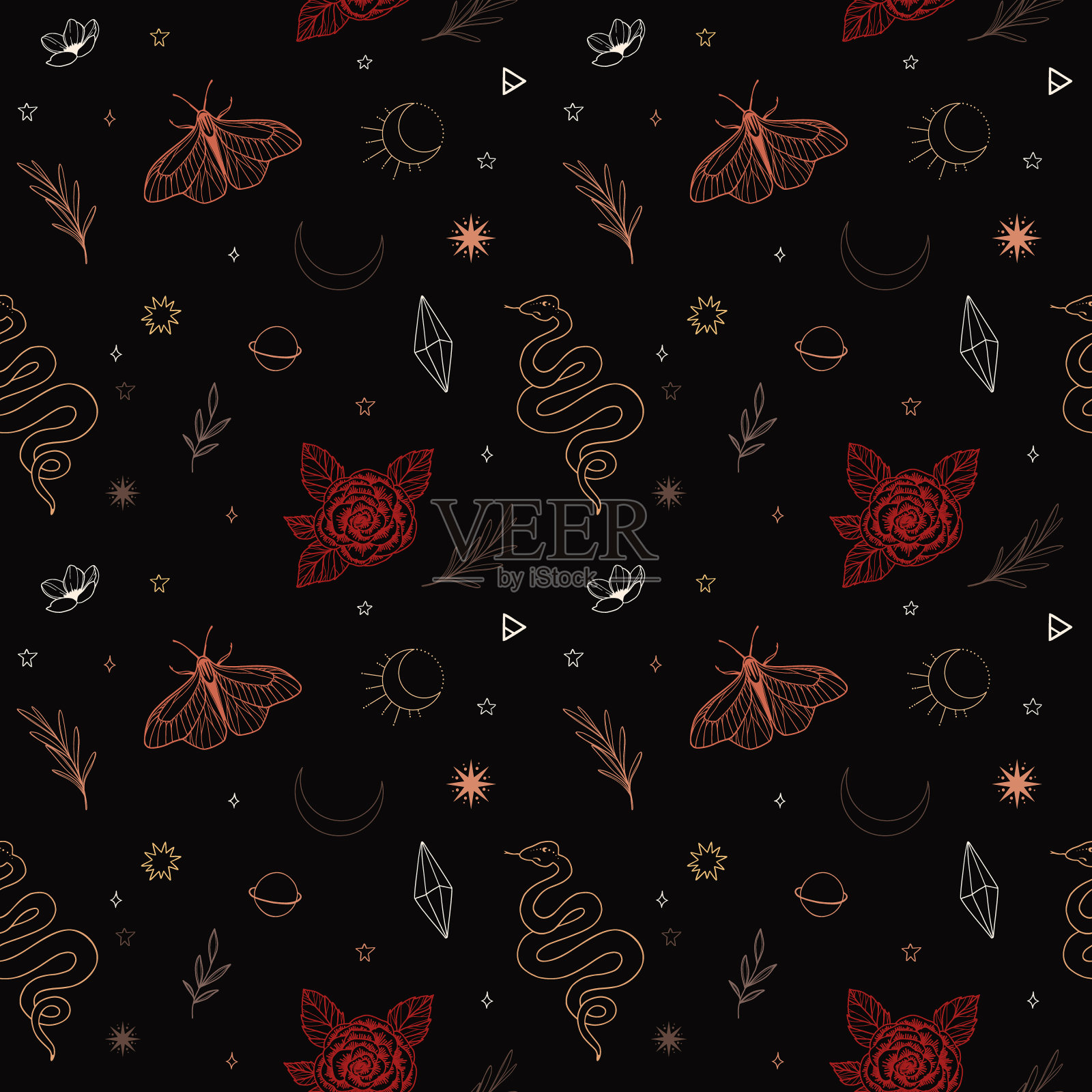 现代手绘矢量无缝图案的月亮,蛇,花和花叶,魔术元素。抽象线条绘制,蛾子,水晶,纹身背景。时尚的空间标志花卉图案插画图片素材