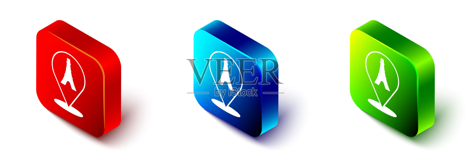 等距埃菲尔铁塔图标孤立在白色背景。法国巴黎地标的象征。红色,蓝色和绿色的方形按钮。向量图标素材