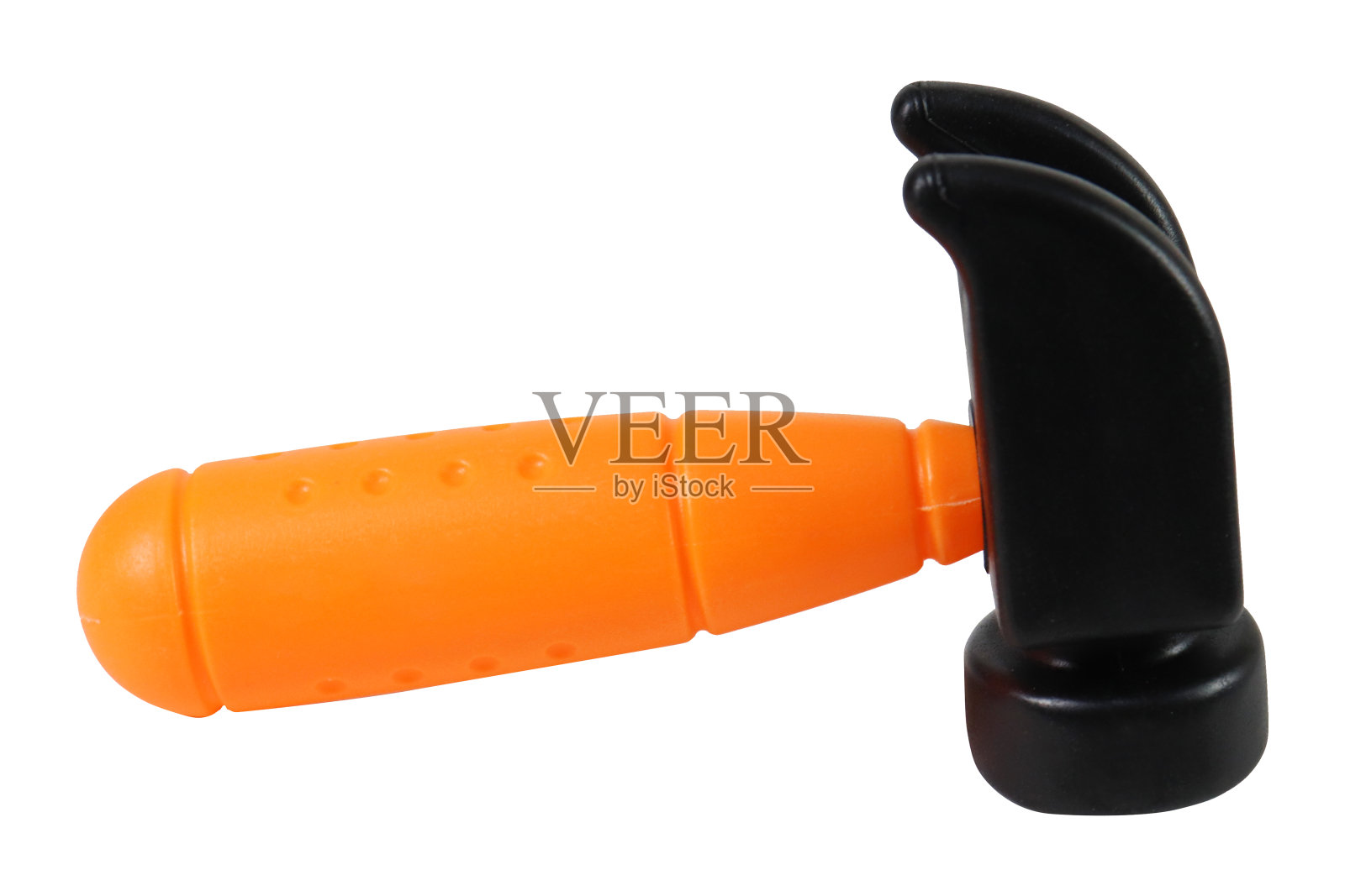 塑料玩具锤子与橙色手柄在白色背景上,孤立的图像照片摄影图片