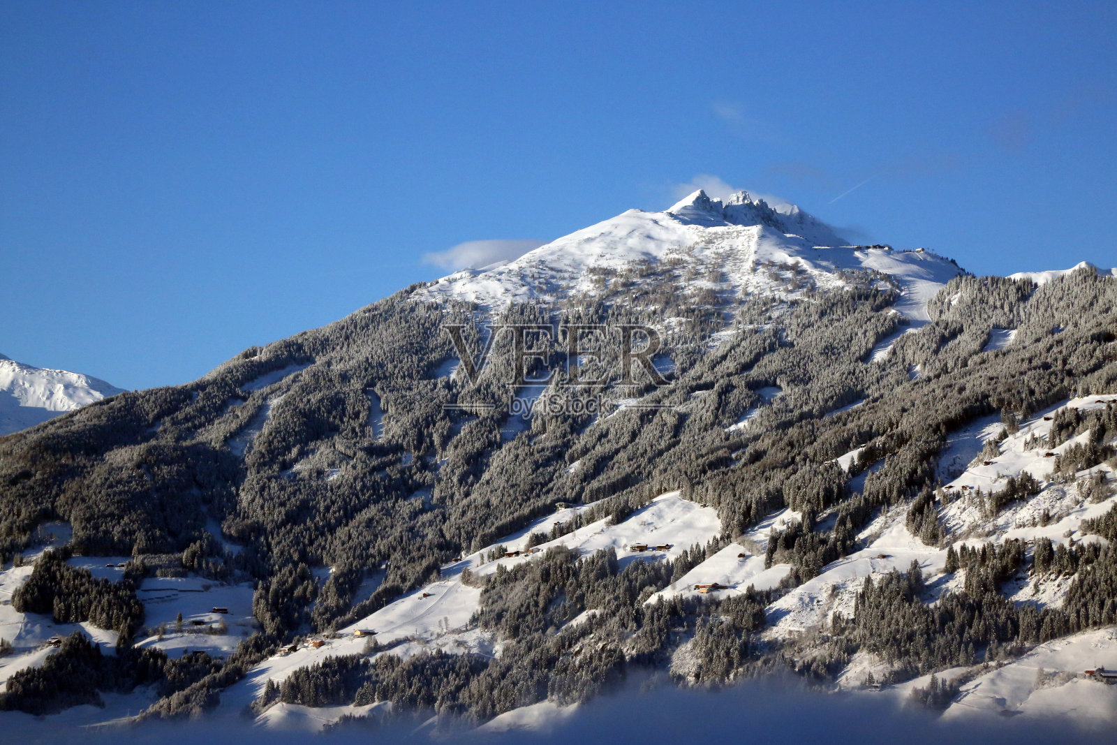 冬季景观有山、森林和雪。体育、娱乐。照片摄影图片