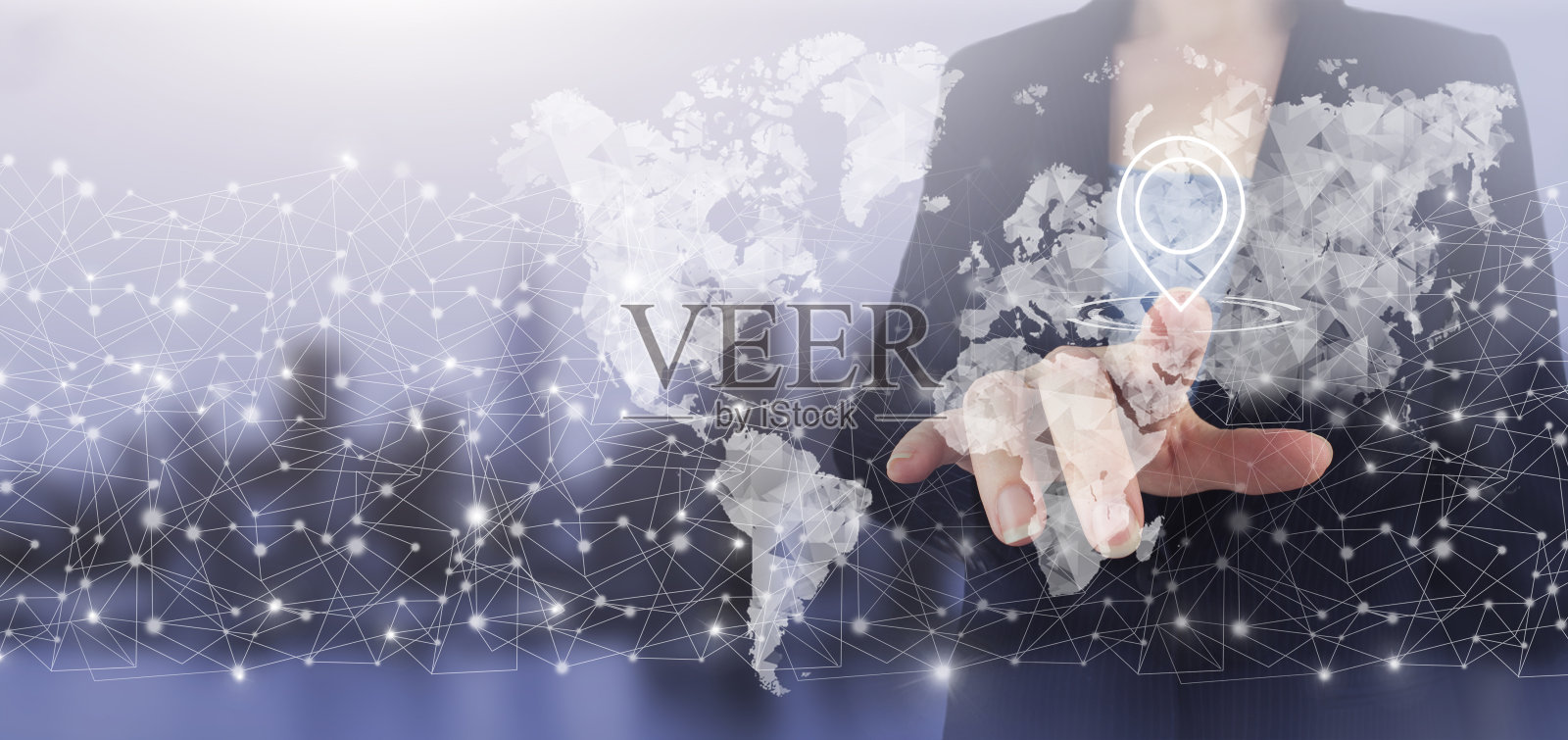 全球世界电信网。手触式数字屏幕全息图世界,地球,地图,地球仪上的城市灯光模糊背景。全球技术概念。照片摄影图片