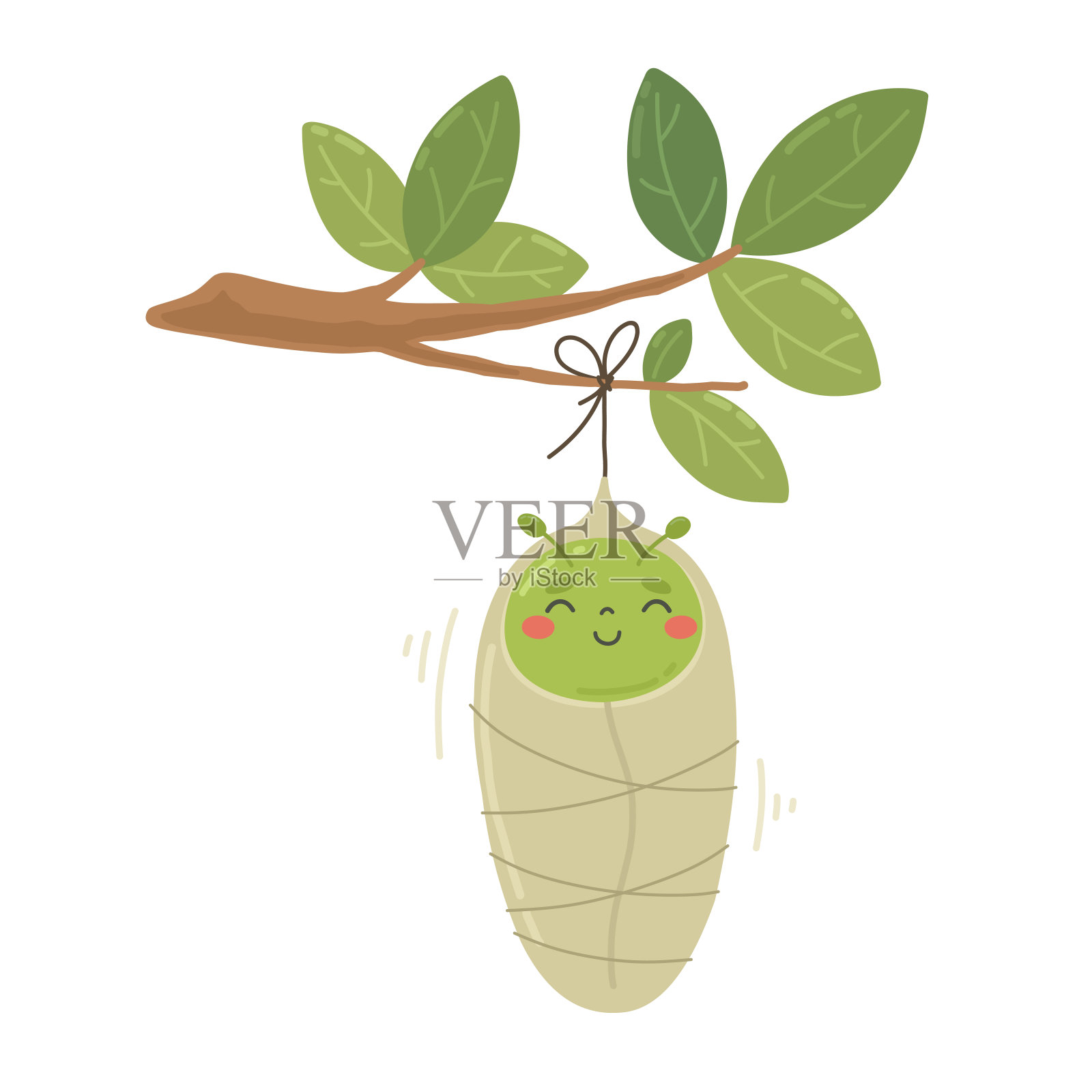 树枝上一只可爱的茧里的毛毛虫。蝴蝶的蛹。孩子们的矢量图。插画图片素材