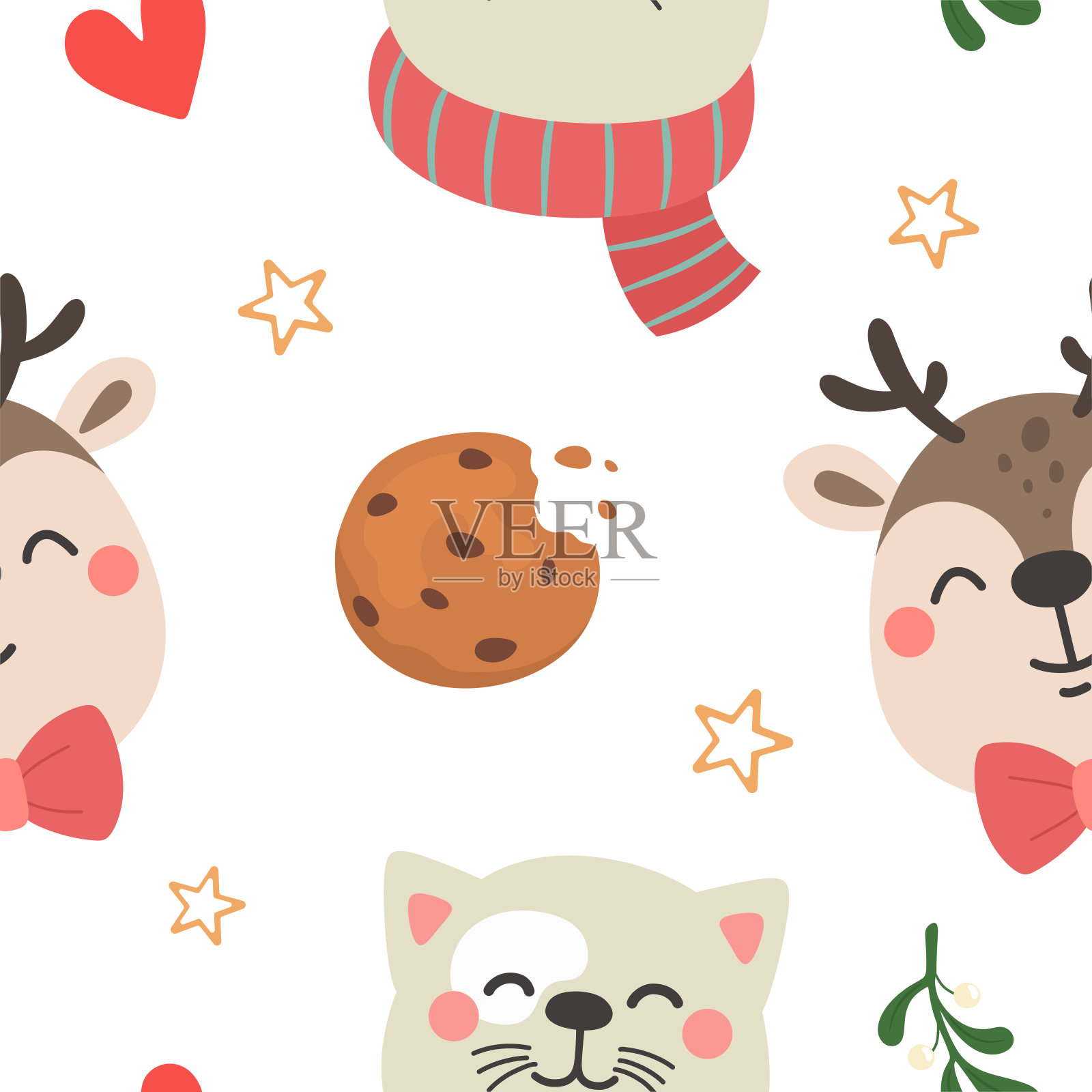 无缝图案可爱的动物人物,绘制冬季动物的面孔,圣诞节。向量隔离。插画图片素材