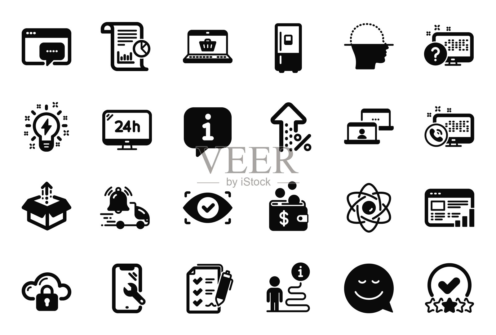 与灵感、微笑和网络呼叫相关的技术图标向量集。向量图标素材