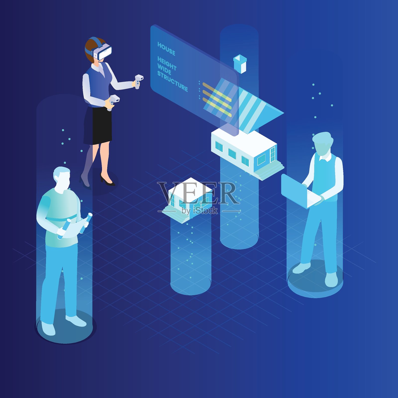 Metaverse家居设计:建筑师在虚拟世界中共同工作插画图片素材