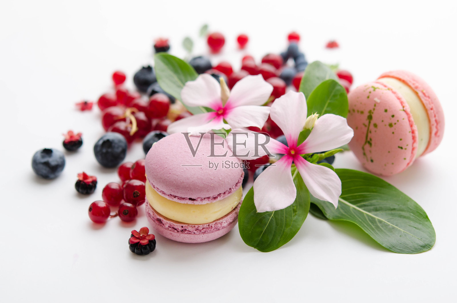 多汁的浆果,鲜花和马卡龙。照片摄影图片