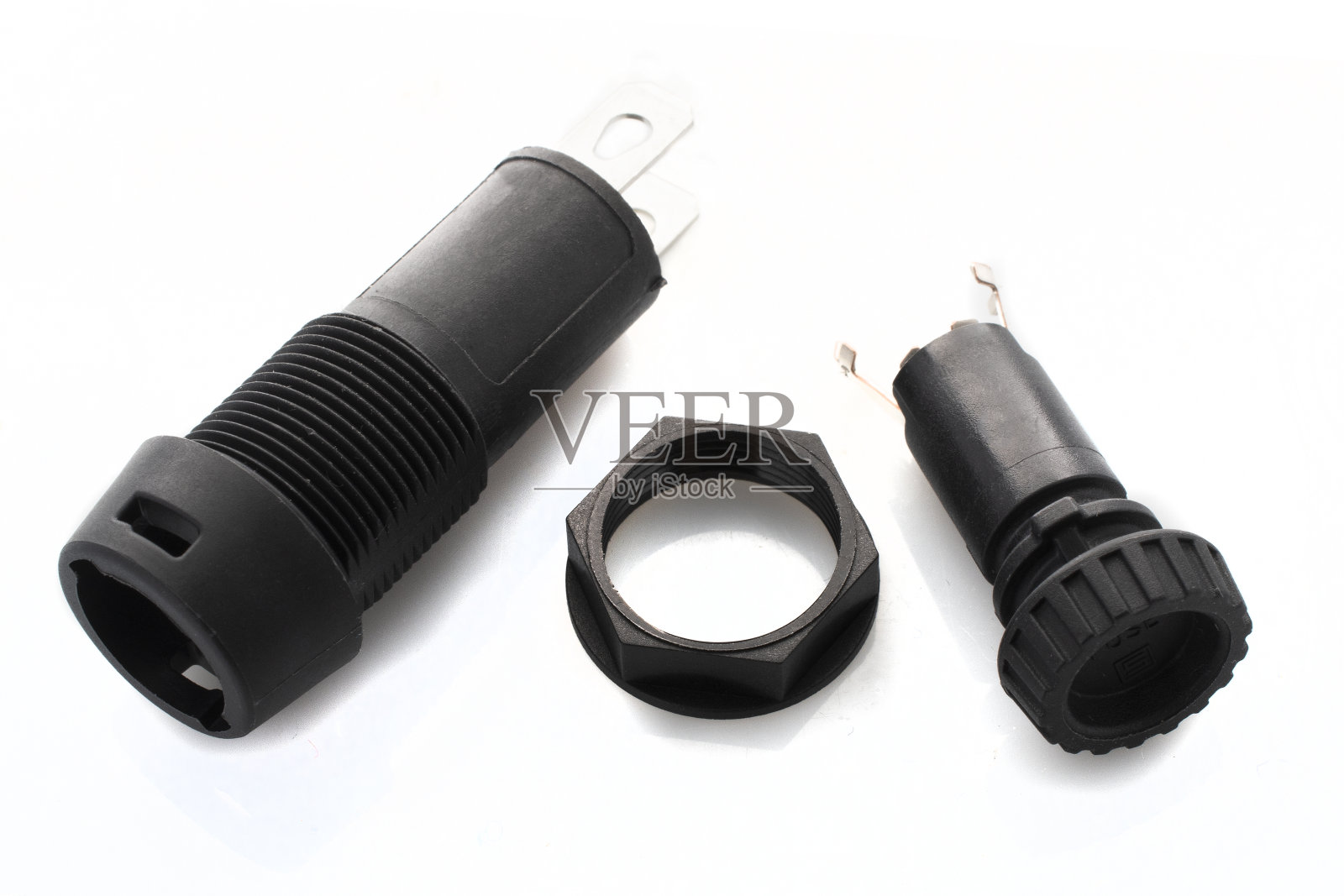 黑色塑料电子保险丝支架面板安装在白色背景照片摄影图片