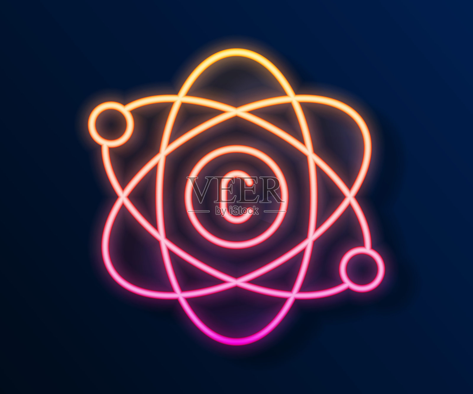 发光的霓虹灯线原子图标孤立在黑色的背景。象征科学、教育、核物理、科学研究。向量插画图片素材