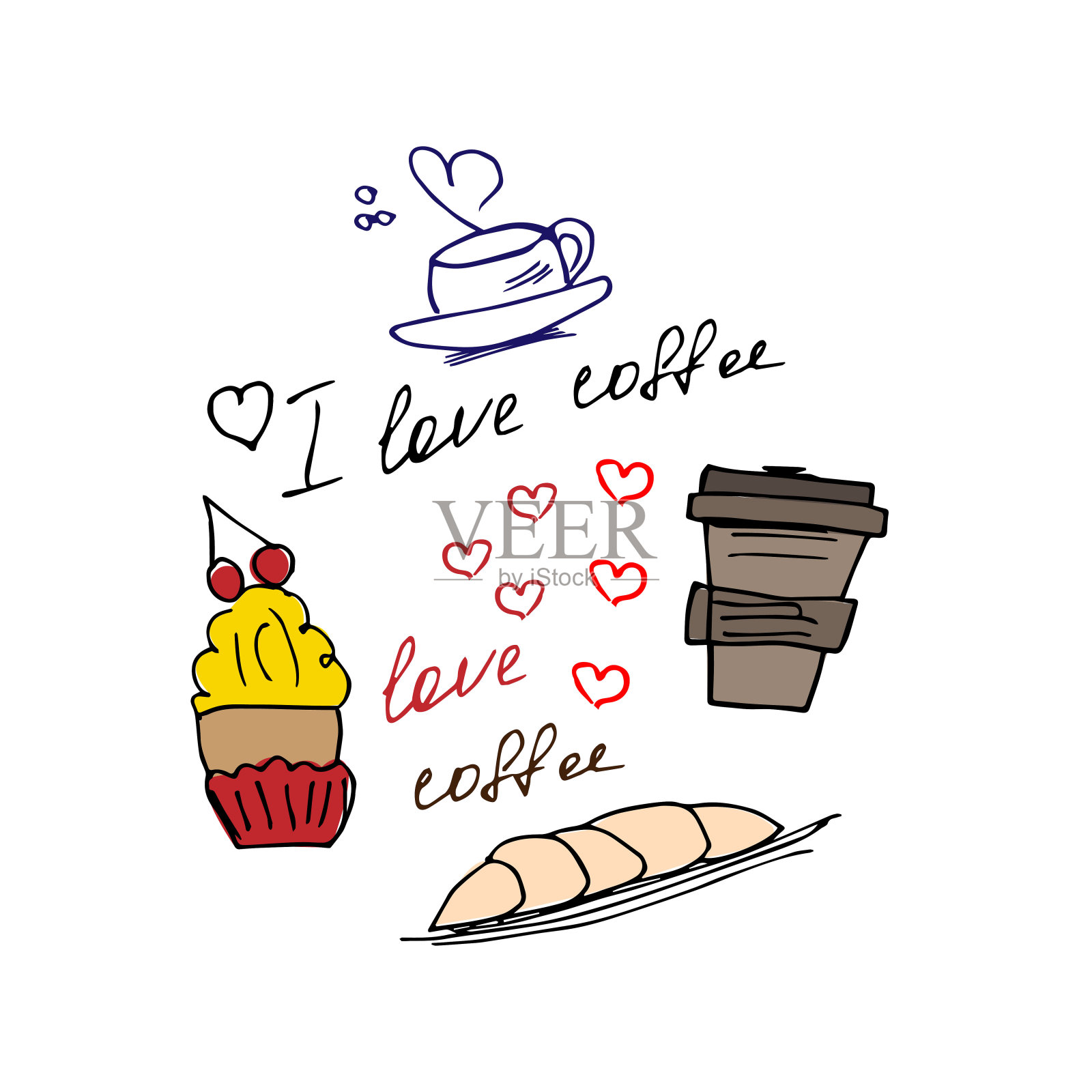 背景上写着“我爱咖啡”插画图片素材