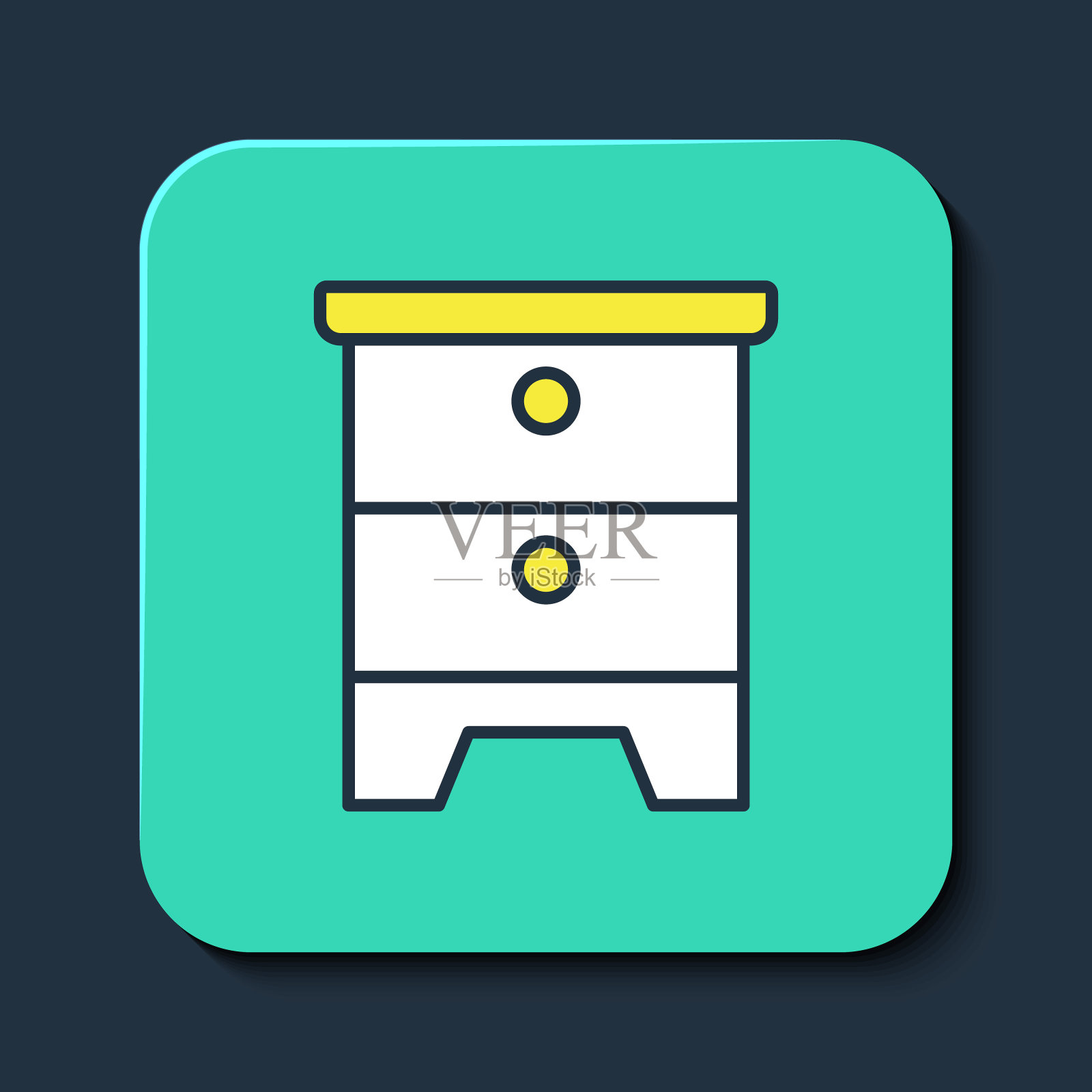 填充轮廓家具床头柜图标孤立的蓝色背景。绿松石平方按钮。向量图标素材