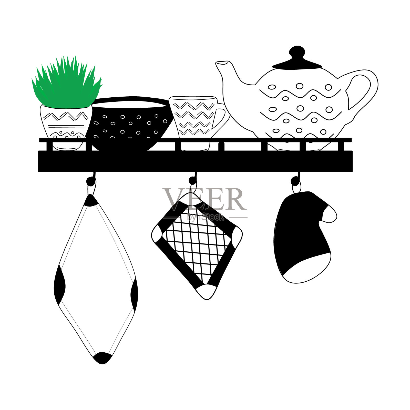 架子上的陶瓷厨具插图插画图片素材