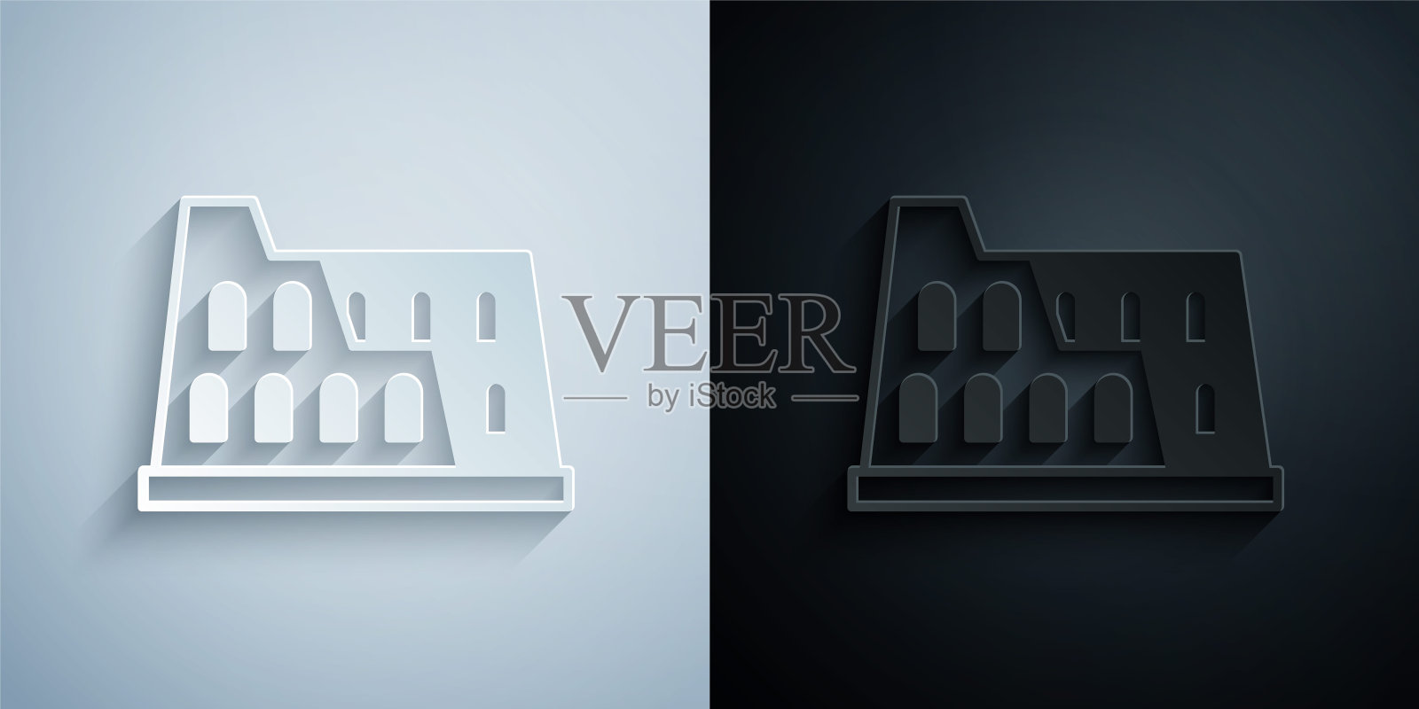 剪纸竞技场在罗马,意大利图标孤立在灰色和黑色的背景。罗马圆形大剧场的迹象。古罗马的象征,角斗士打斗。纸艺术风格。向量插画图片素材