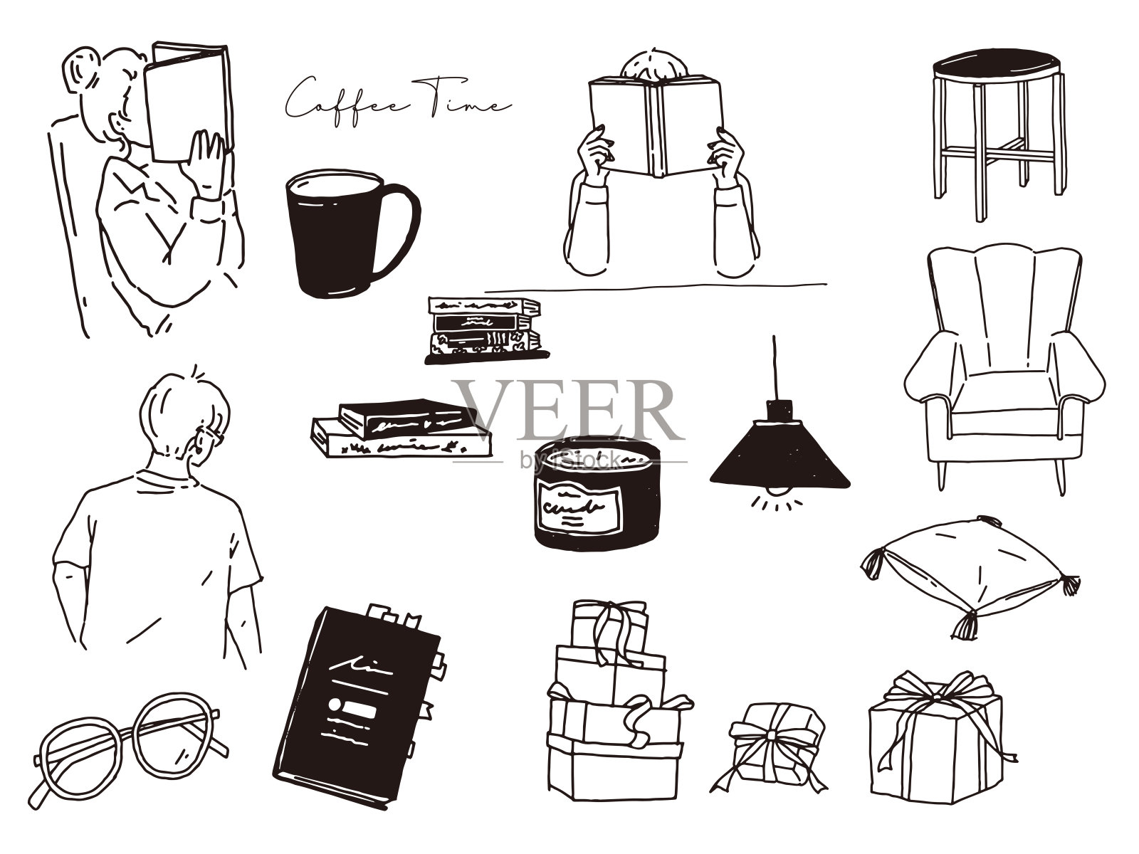 黑白、单调、线描插图(手写、时尚、室内、简单)黑白、单调、线描插图。书法,时尚,室内装饰,简约。插画图片素材