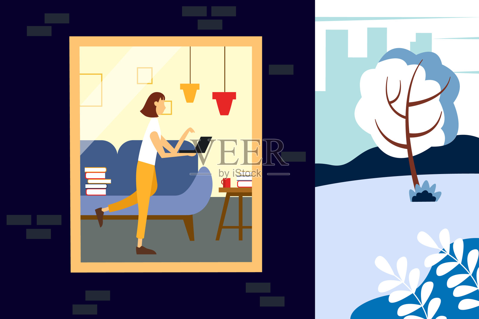 女性自由职业者在家工作。半幢房子和一条街的插图。冬季矢量插图在平坦的风格。插画图片素材