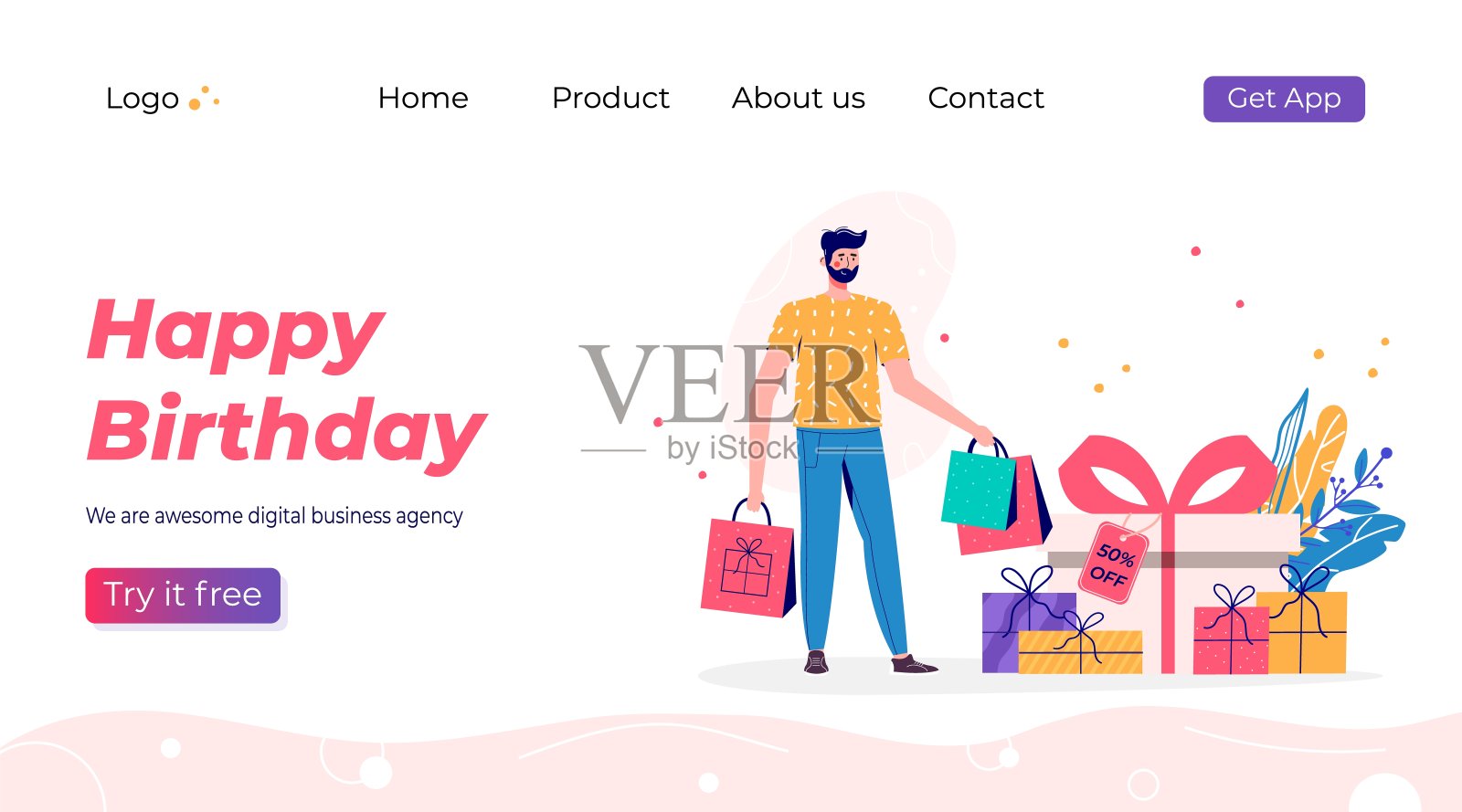 生日快乐登陆页面模板。推广网上商店的奖金或奖励。现代平面矢量插图广告。季节性折扣网站销售横幅与人插画图片素材