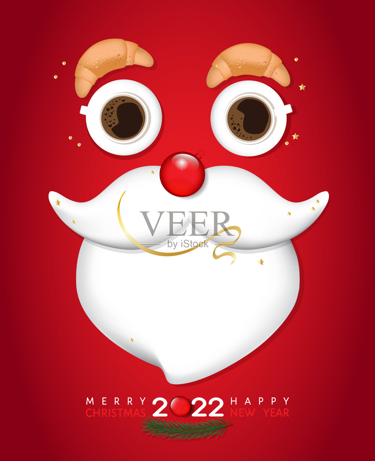 圣诞快乐,新年快乐2022海报,咖啡杯,羊角面包,冷杉树枝圣诞老人脸插画图片素材