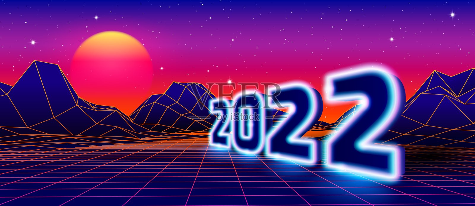 2022年80年代复古除夕夜霓虹招牌,街机游戏网格景观和红日。插画图片素材