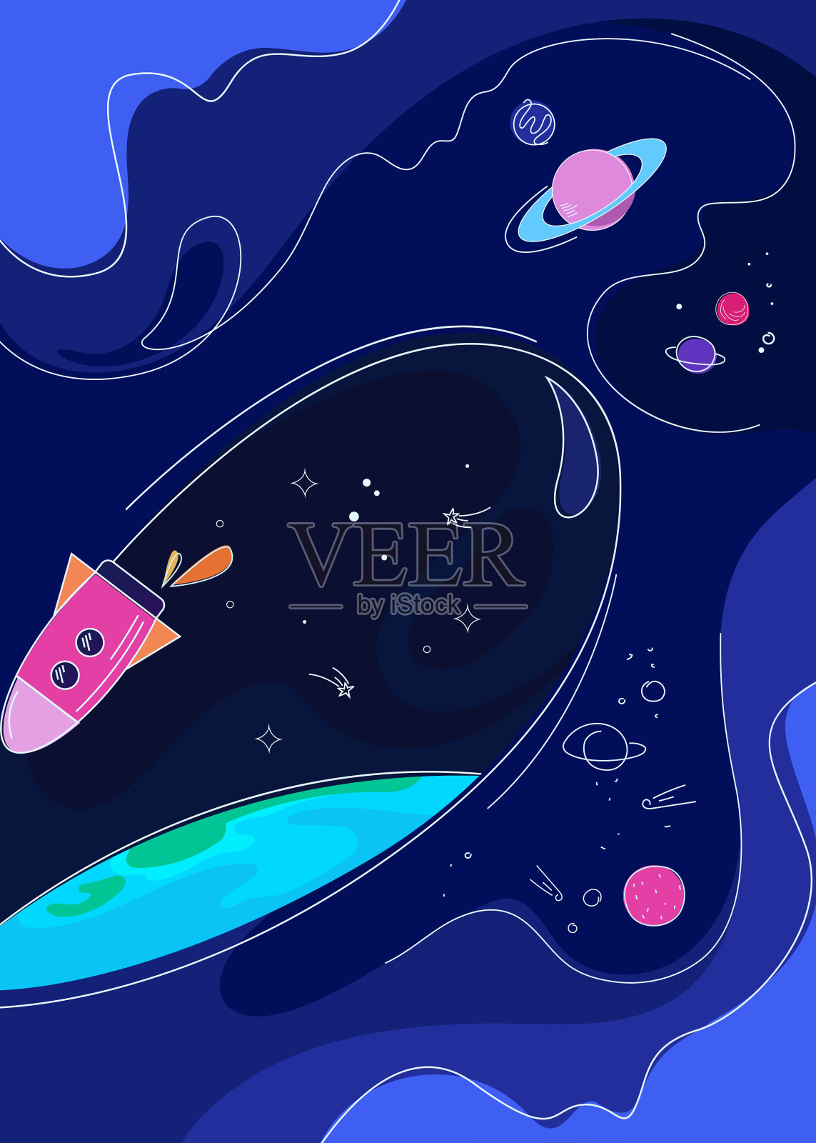 横幅与火箭在太空。插画图片素材