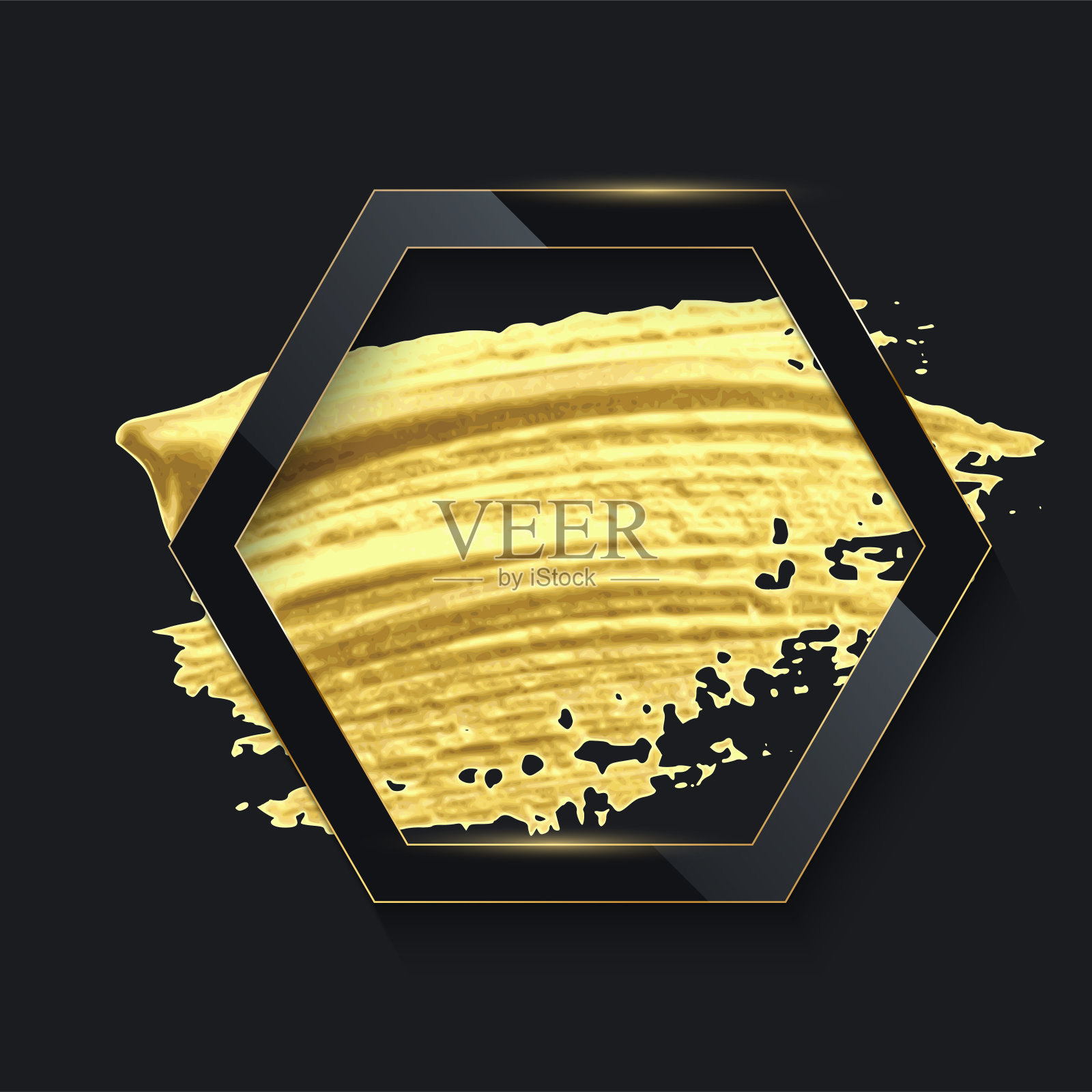 黑色六边形边框在金色笔刷描矢量插图。逼真的三维框架几何形状,金色飞溅涂抹在纸上,装饰用闪亮的效果隔离在黑色背景上插画图片素材