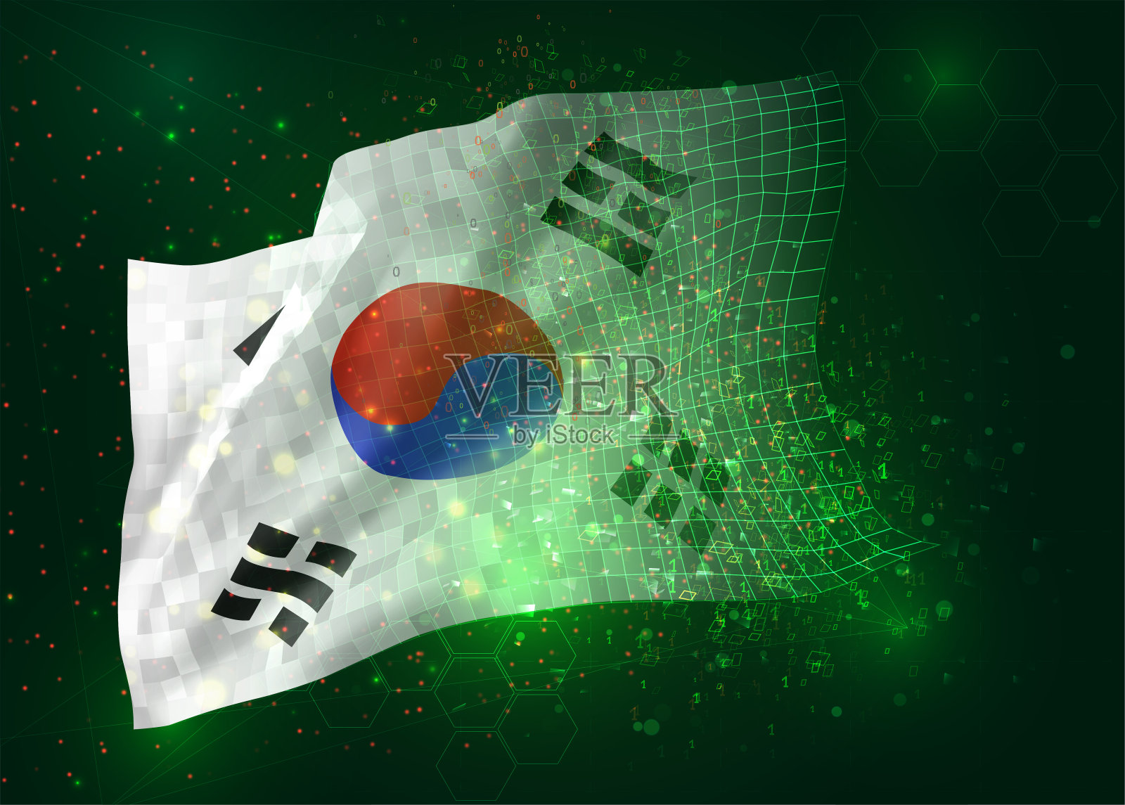 在绿色背景上的三维旗帜与多边形和数据数字插画图片素材