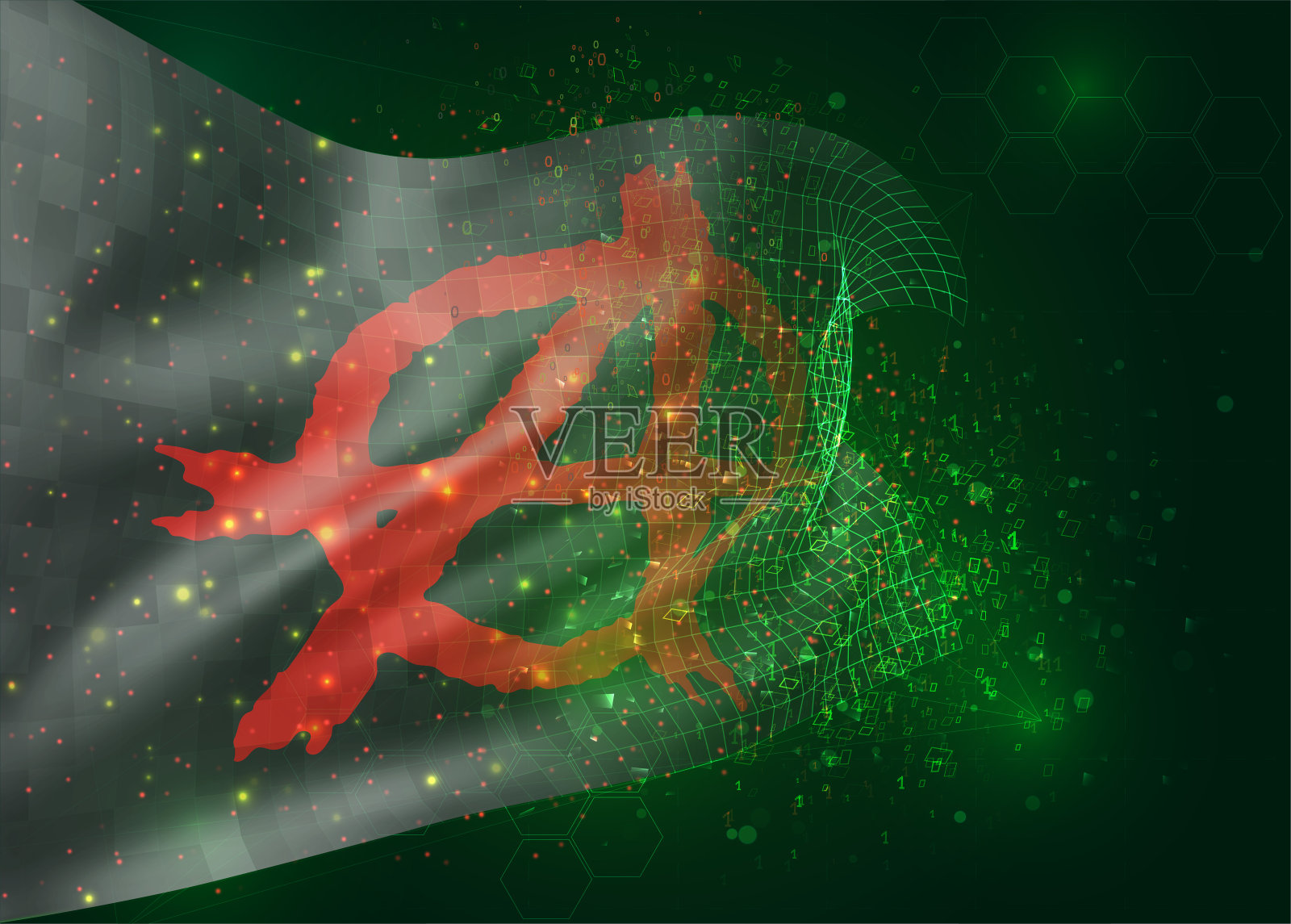 在绿色背景上的三维旗帜与多边形和数据数字插画图片素材