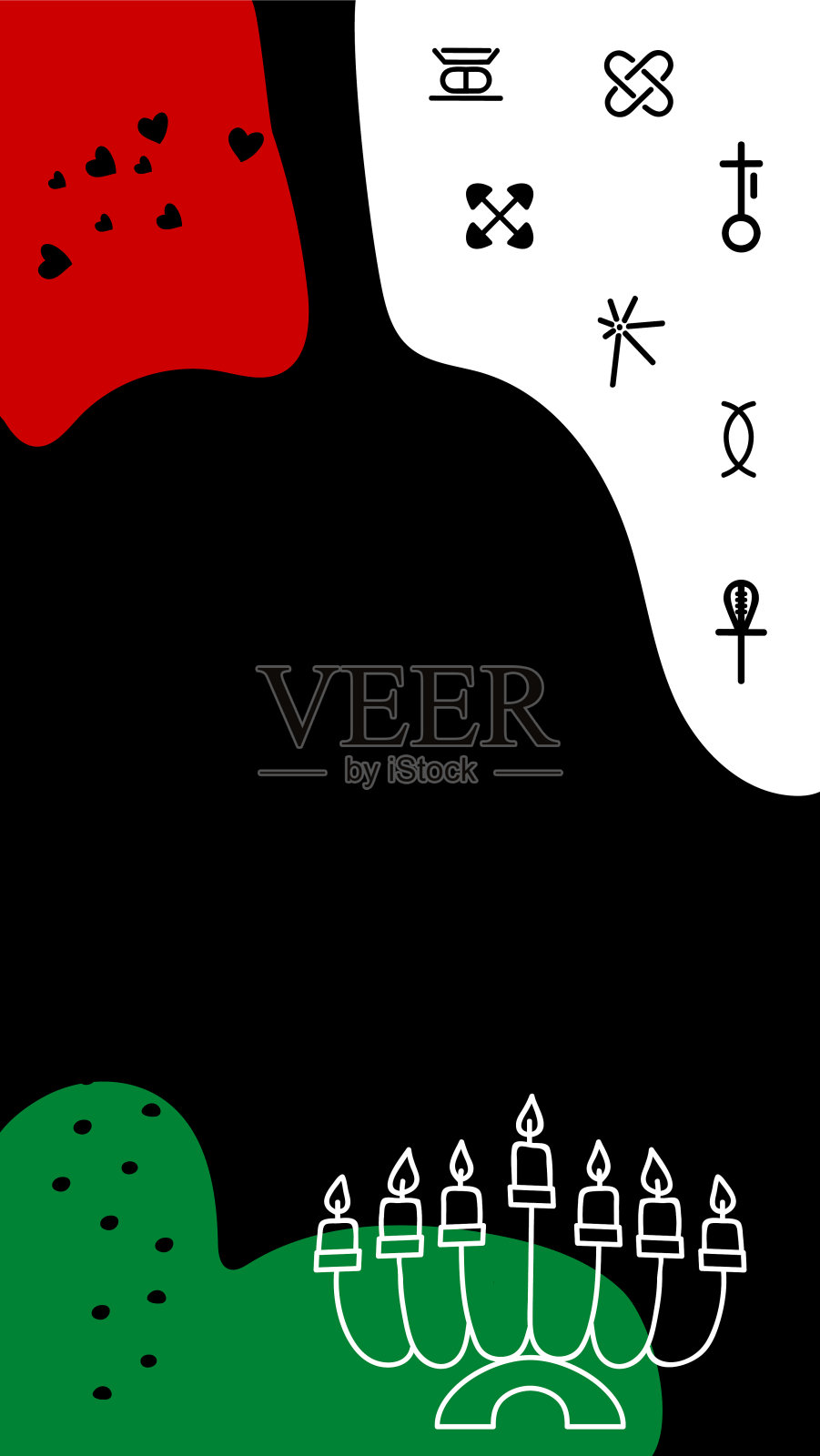 宽扎节时期的社交媒体故事和帖子模板。背景模板与文本和图像的复制空间。红色、绿色、黑色的抽象形状。宽扎节的符号插画图片素材