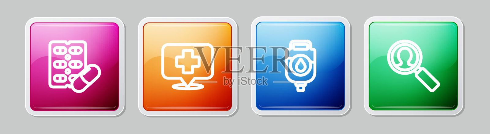 设置线药丸在吸塑包装,地图指针与交叉医院,IV袋和医疗分析。丰富多彩的广场按钮。向量图标素材