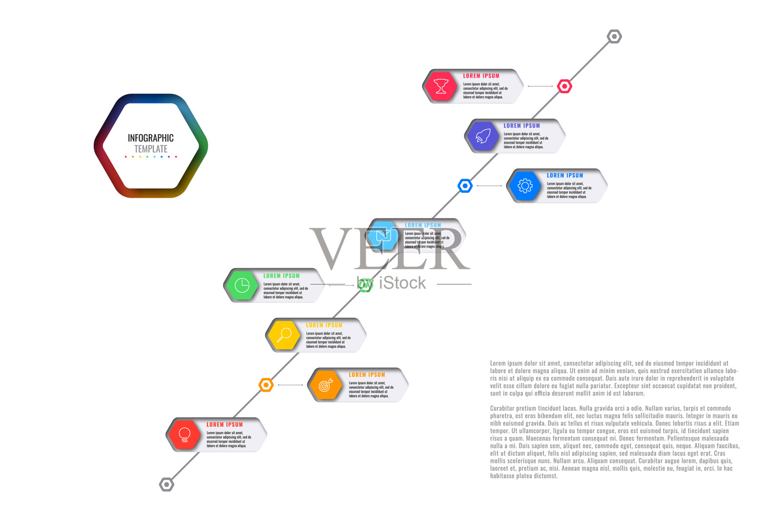 对角线时间模板与八个现实的六角形元素与细线图标在白色背景。纸上有几何孔的现代图表。面向演示的矢量可视化插画图片素材