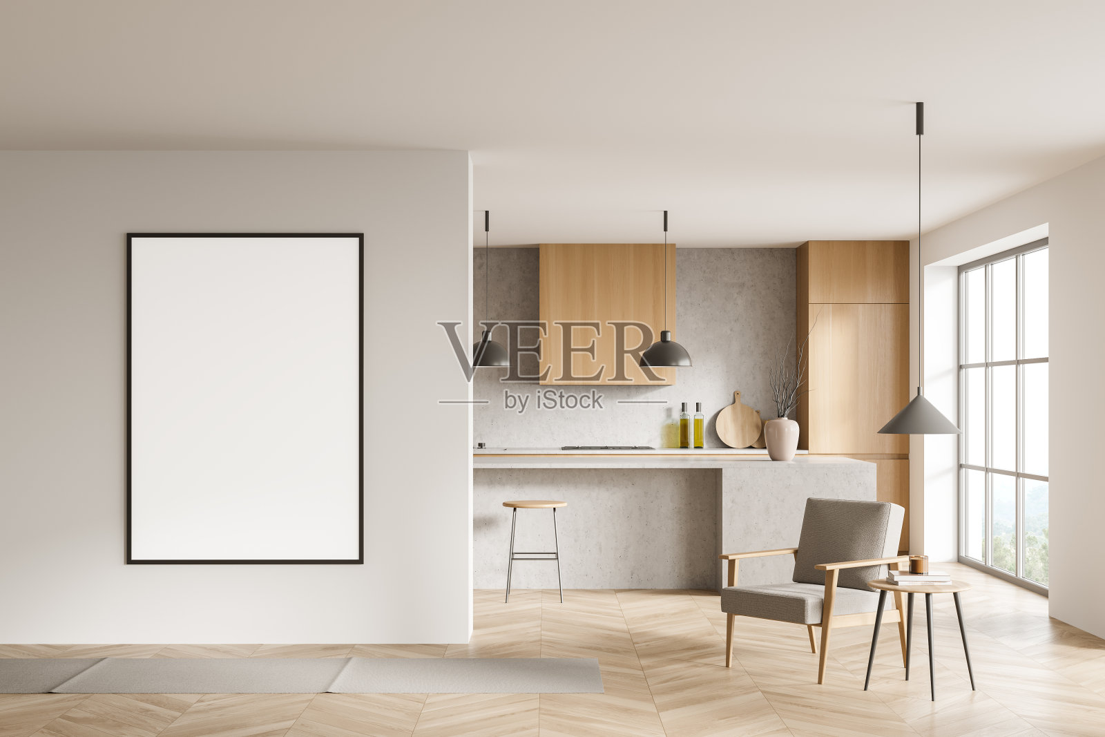 轻厨房内部扶手椅和厨房设置桌子,模拟海报照片摄影图片