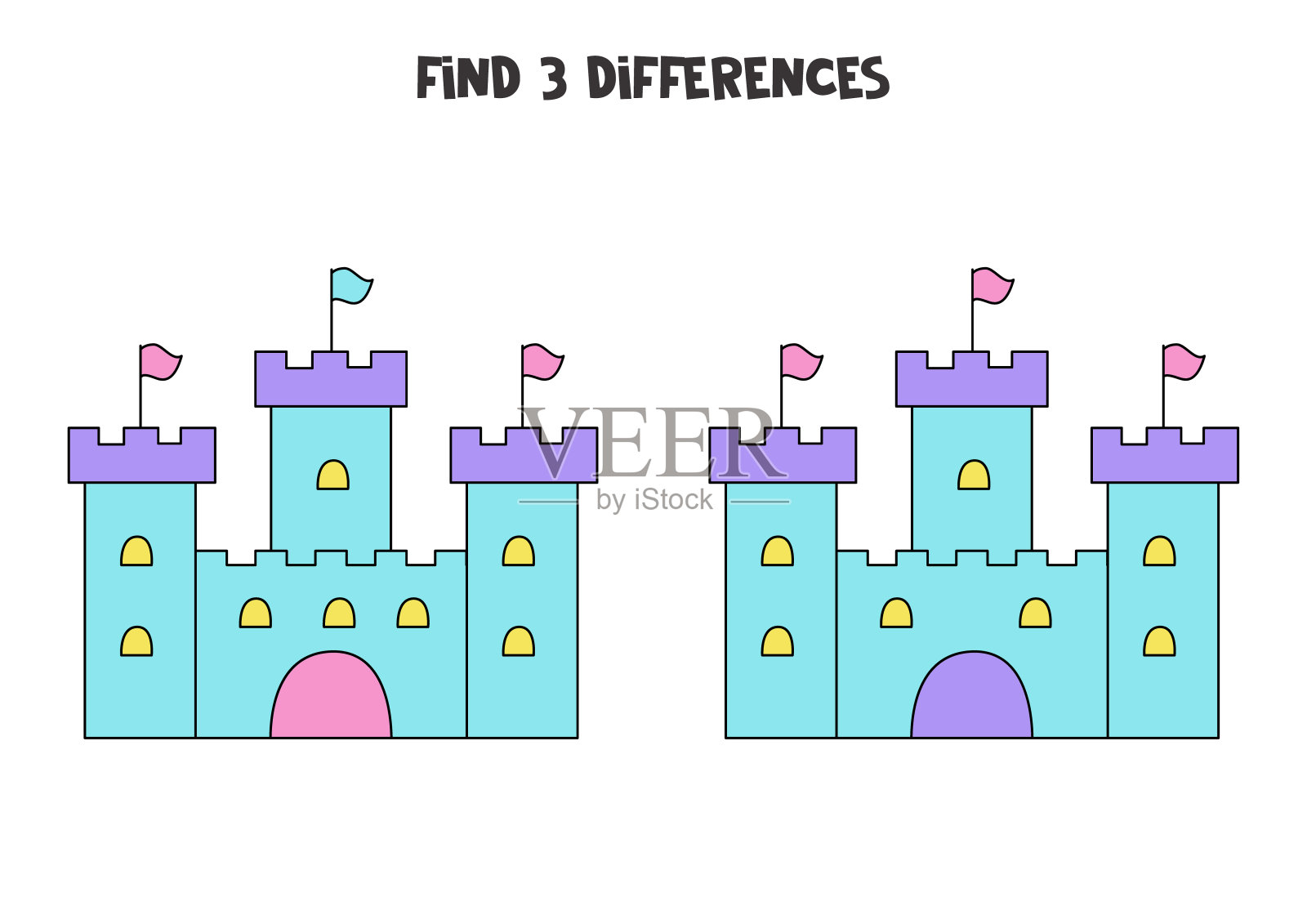 找出两个卡通城堡的三个不同点。插画图片素材