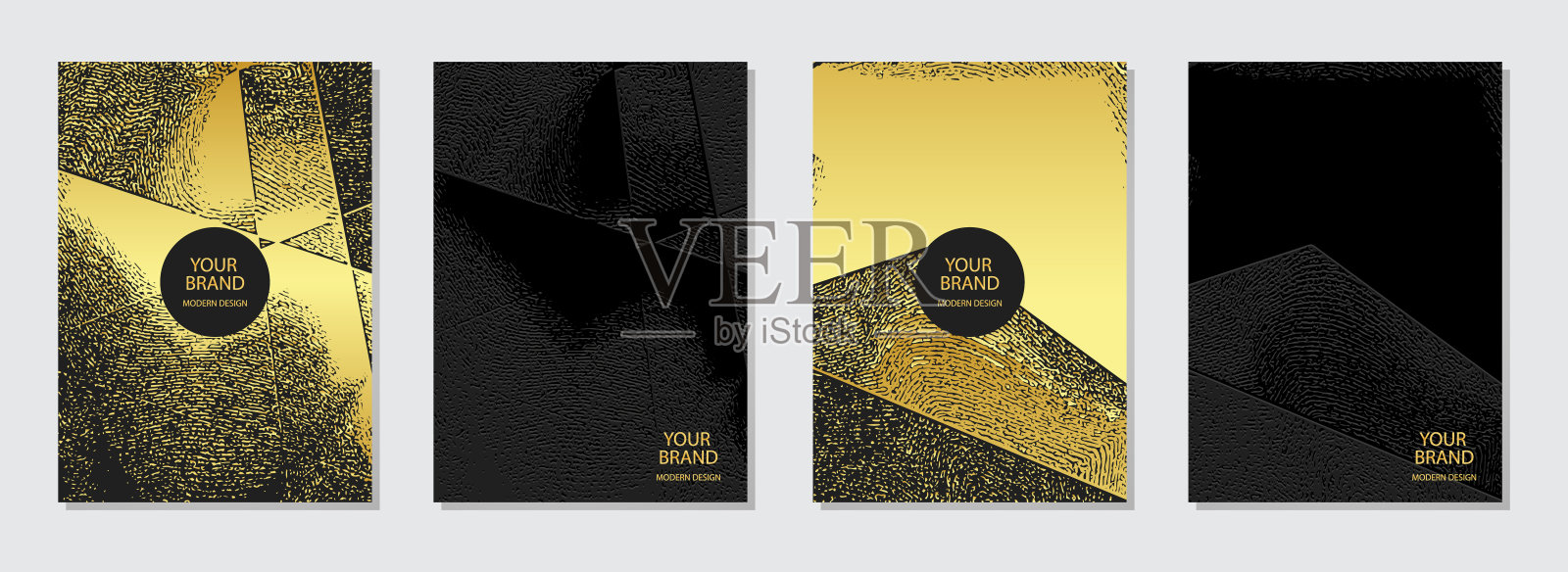 套业务封面设计。几何前卫浮雕背景与3d图案,金色垃圾纹理。垂直模板的集合。插画图片素材