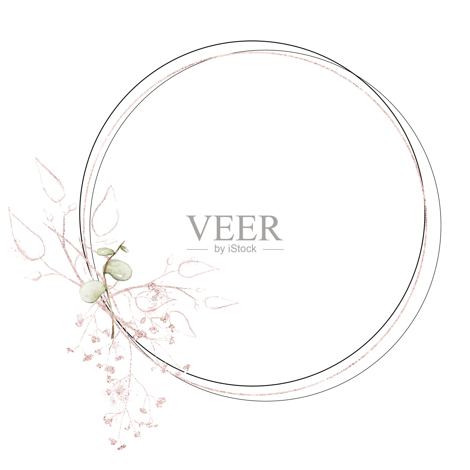 水彩画花圈在白色的背景。桉树的树枝和粉红色的金色尘土的叶子。插画图片素材