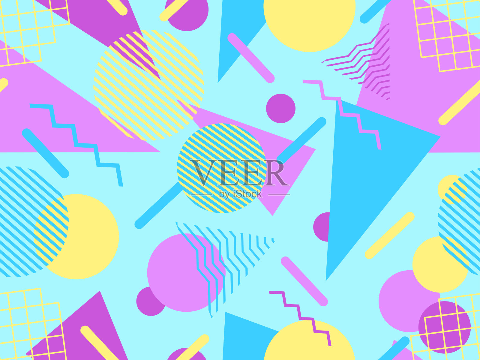 80年代风格的几何无缝图案。彩色背景与几何形状。设计促销产品,包装纸,小册子和印刷。矢量图插画图片素材