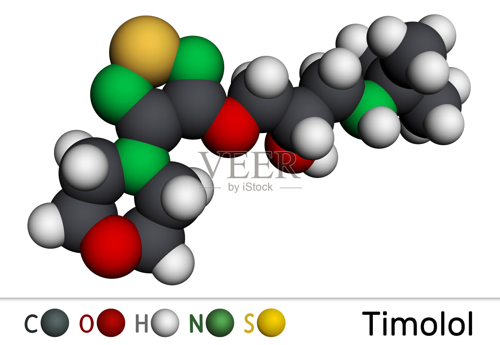Timolol,分子。它是治疗高眼压或青光眼的非选择性阻滞剂药物。分子模型。三维渲染插画图片素材