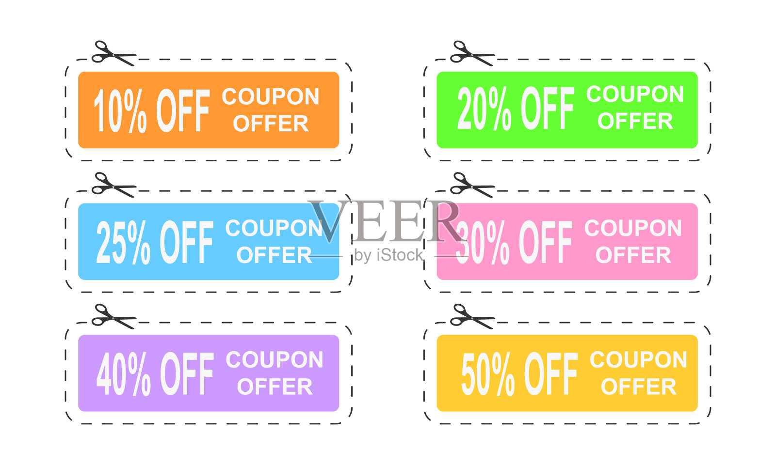 折扣券有不同百分比优惠。一套优惠券与虚线切割线和剪子图标孤立在白色背景上。矢量平面插图设计元素图片