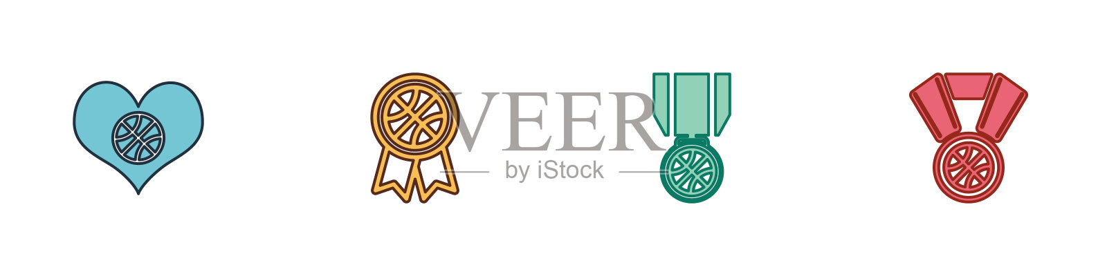 集心与篮球,篮球奖,奖牌和图标。向量插画图片素材