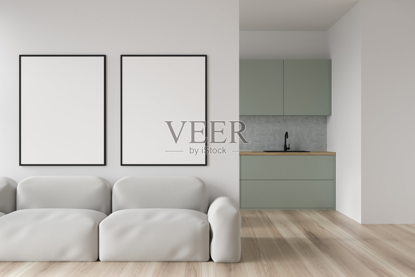 明亮的厨房内部与白色沙发和厨房设置,模拟海报照片摄影图片