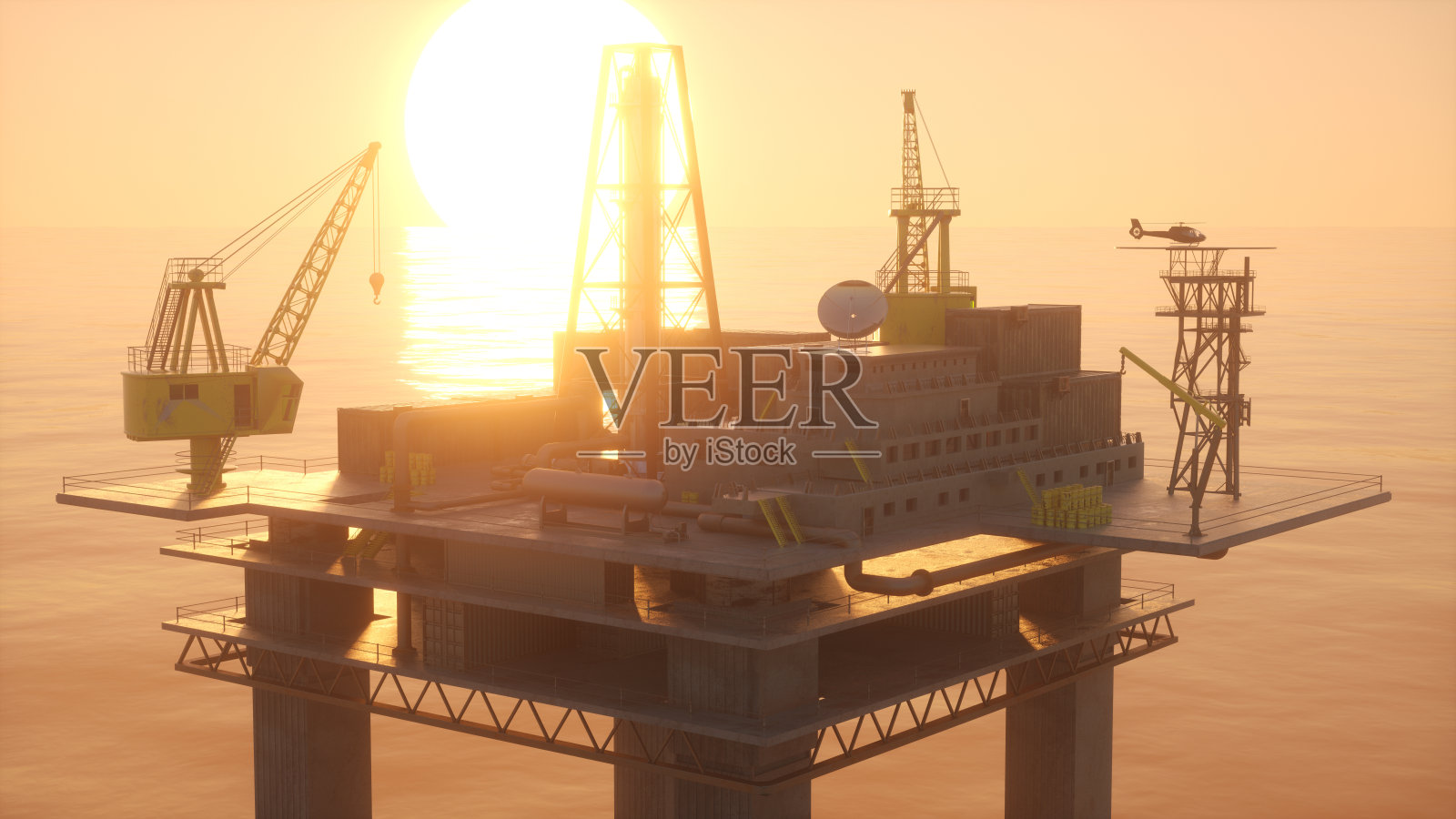 日落时石油钻井平台的三维图照片摄影图片