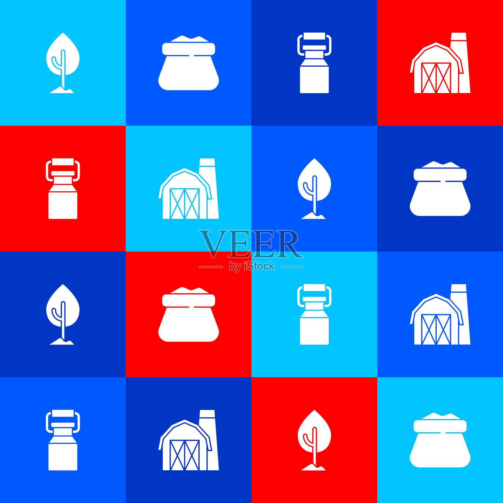 Set Tree, Full sack, Can container for milk and Farm house图标。向量插画图片素材