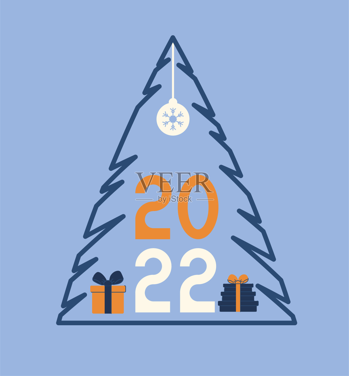 圣诞海报,2022年的数字。圣诞树,礼物和球在平风格。向量插画图片素材