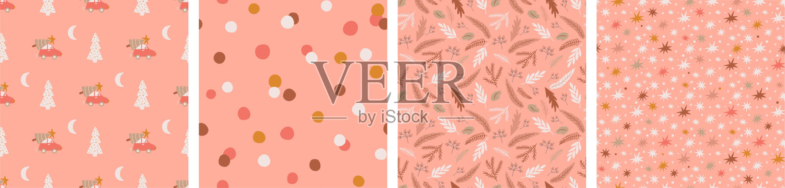 粉红色圣诞图案集。粉色圣诞背景星星,雪花,冷杉枝,鲜花。五彩纸屑假日。粉彩矢量插图。年画,壁纸,包装设计包。插画图片素材