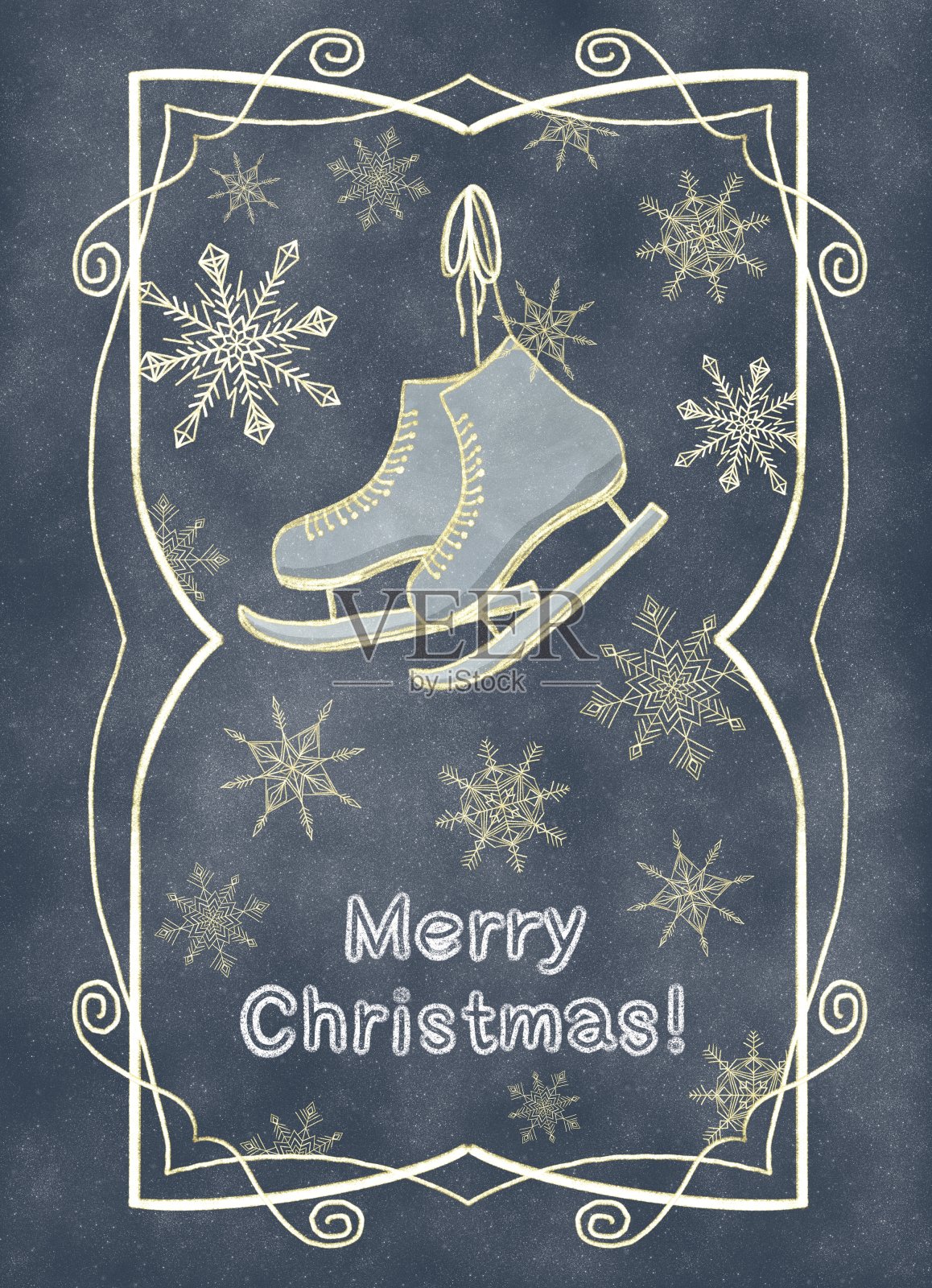 装饰圣诞卡片上的图案是冰鞋,背景是深蓝色的金色雪花设计模板素材
