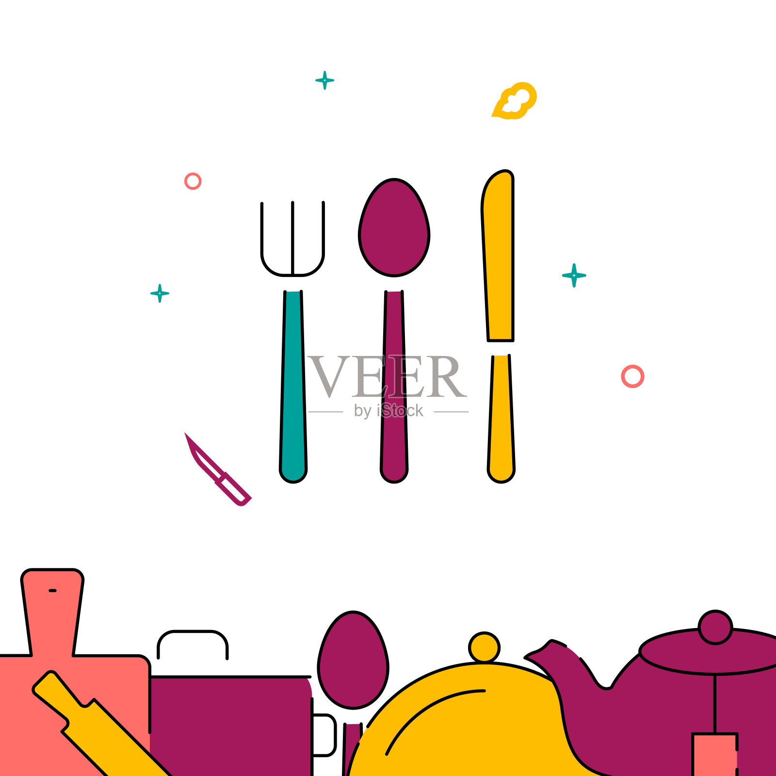 叉勺刀填充线图标,简单的矢量插图插画图片素材